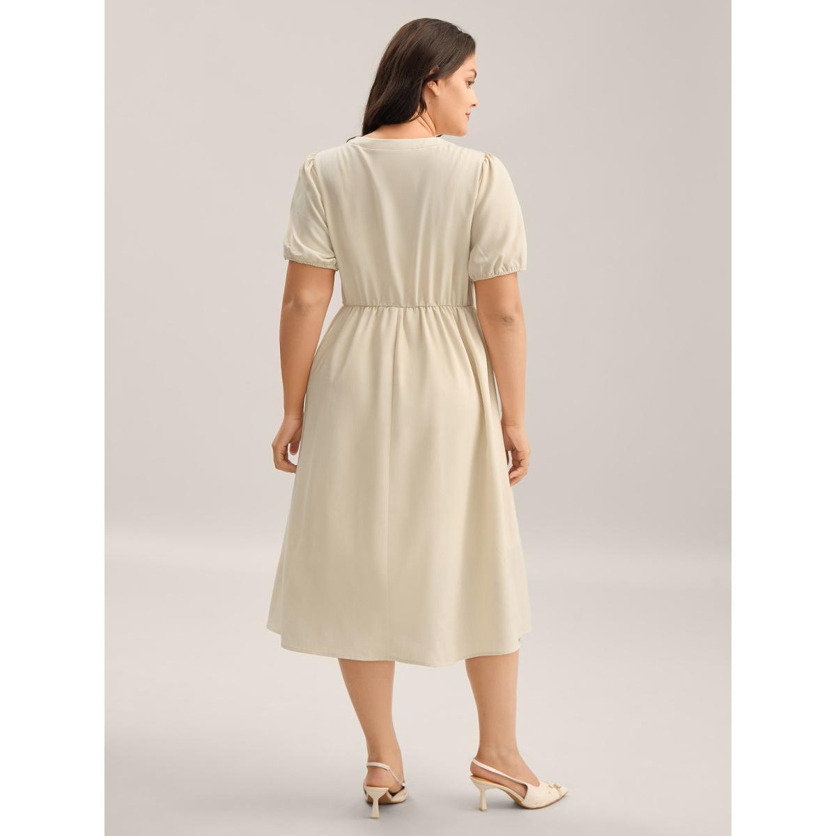 Plus Size Lace Trim Solid Pockets Midi Dress Beige Women Flat collar Short sleeve Curvy BloomChic 12/L Product Image
