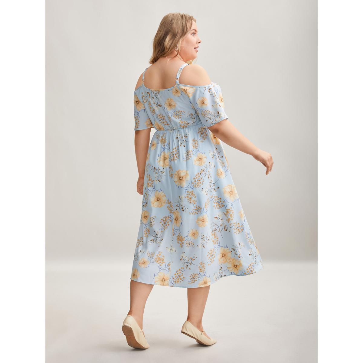 Plus Size Floral Print Cold-Shoulder Pockets Midi Dress LightBlue Women Elegant Non Heart neckline Short sleeve Curvy BloomChic 10/M Product Image