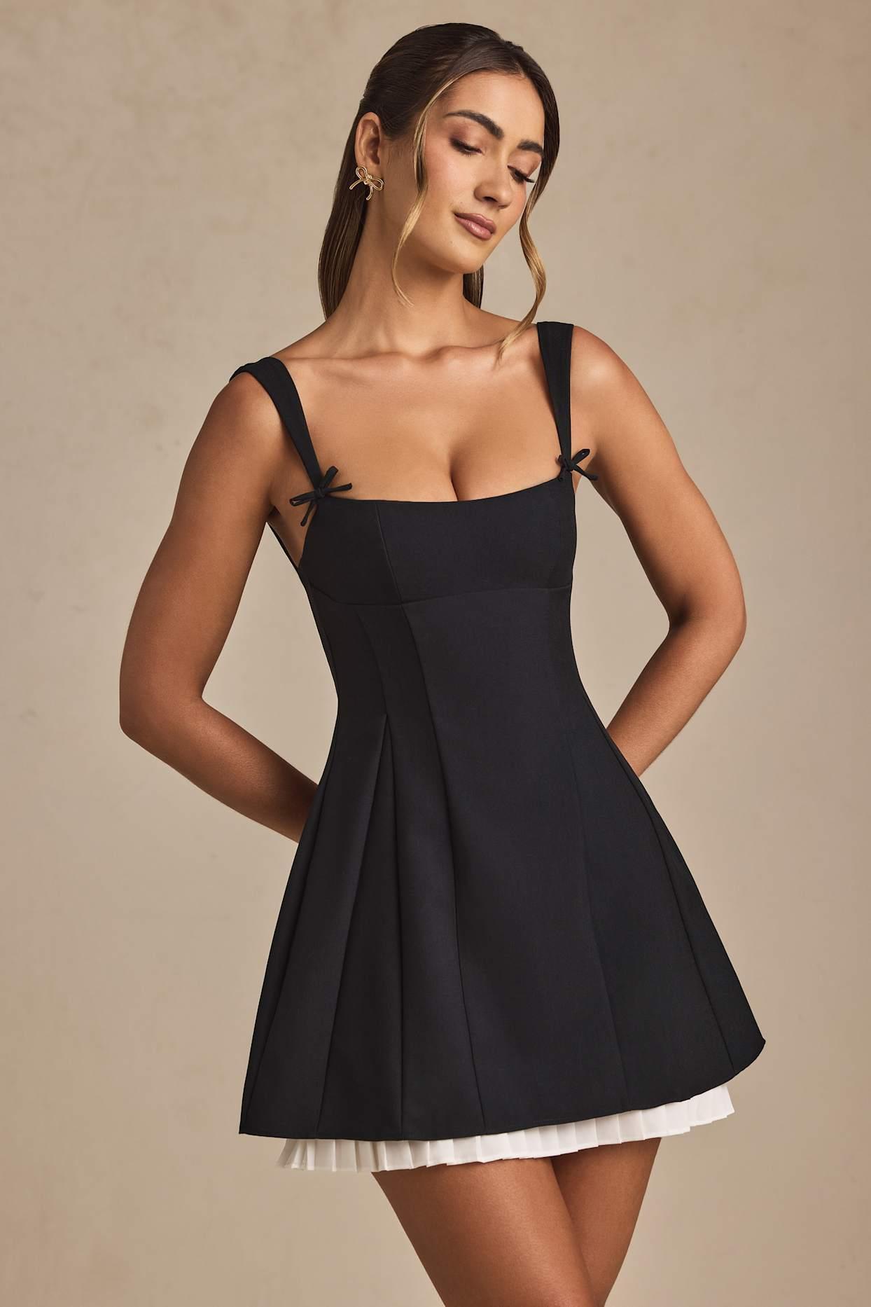 Bow-Detail Pleated A-Line Mini Dress in Black Product Image