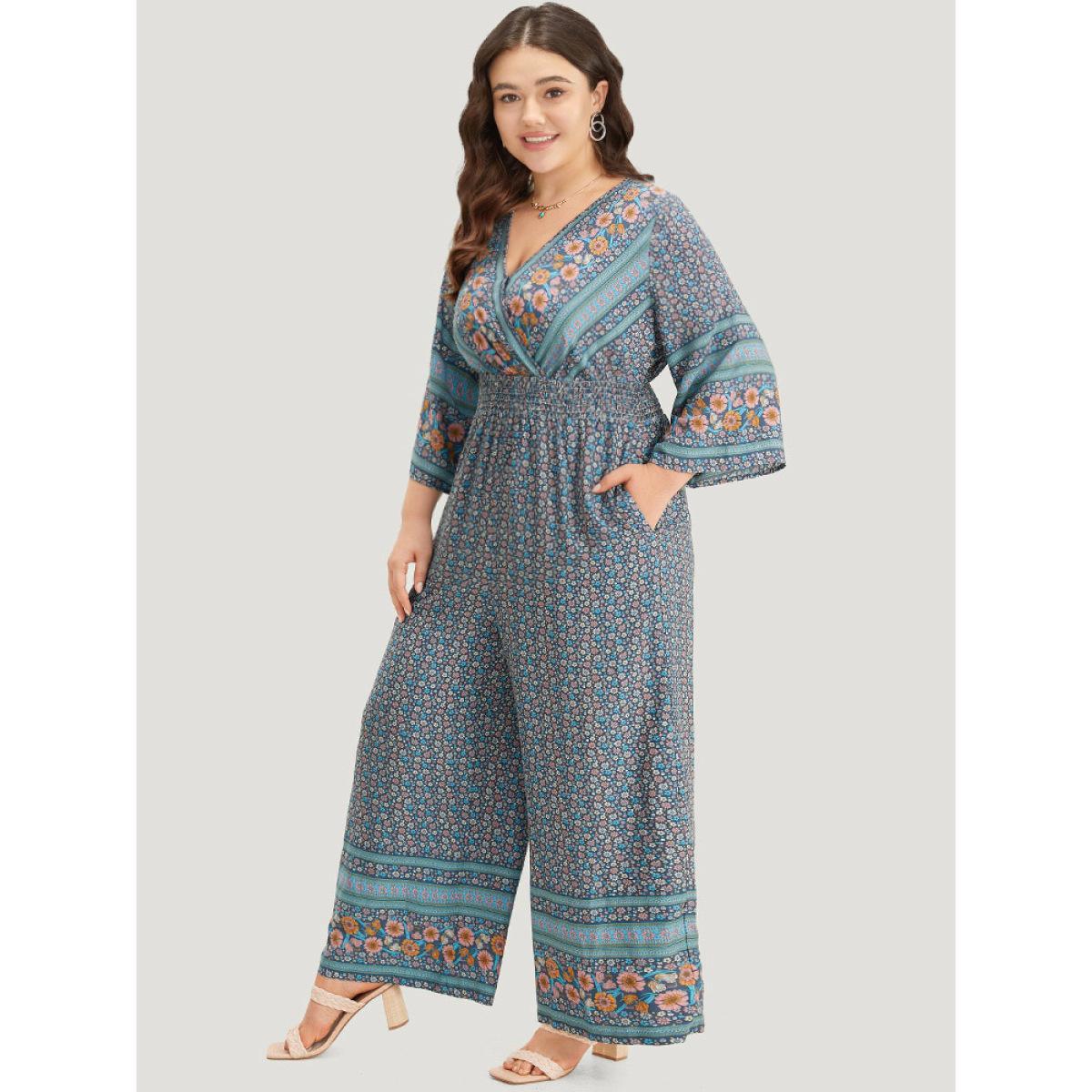 Plus Size Blue Floral Print Shirred Overlap Collar Jumpsuit Women Resort Elbow-length sleeve V-neck Vacation Loose Jumpsuits BloomChic 18-20/2X Product Image