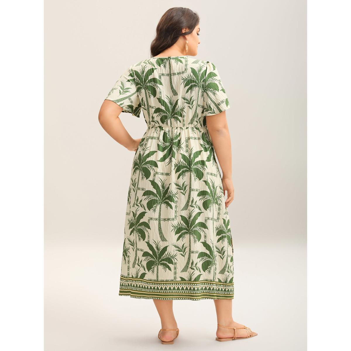 Plus Size Tropical Tree Print Contrast Hem Maxi Dress Moss Women Overlap Collar Short sleeve Curvy BloomChic 12/L Product Image