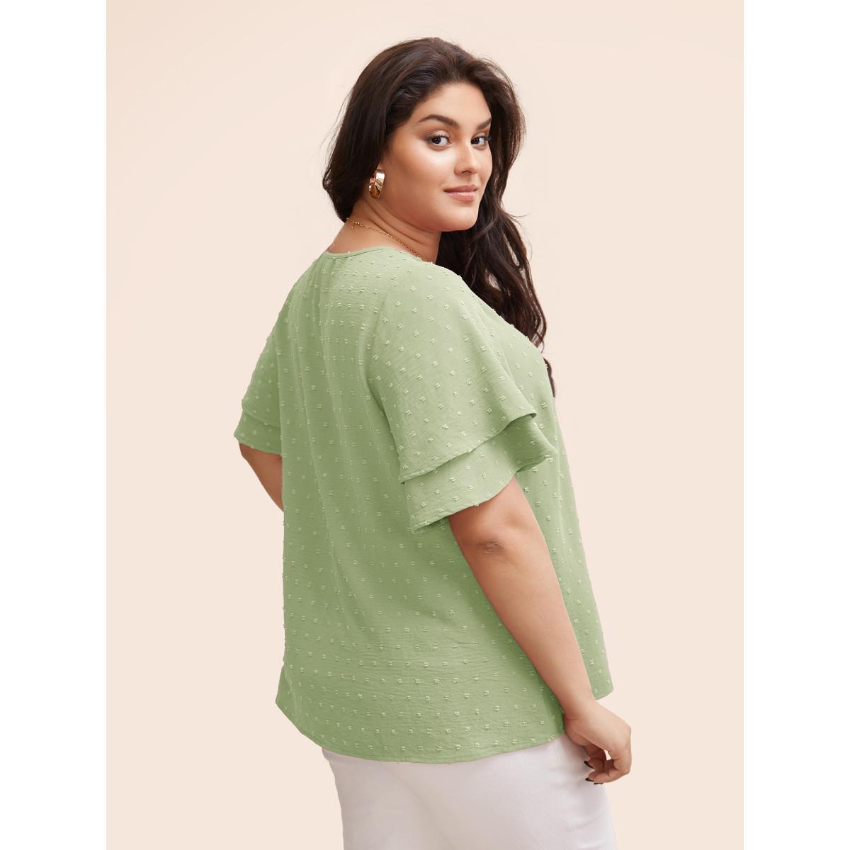 Plus Size Mint Plain Ruffle Tiered Sleeve V Neck Polka Dot Blouse Women Elegant Short sleeve V-neck Everyday Blouses BloomChic 30/6X Product Image