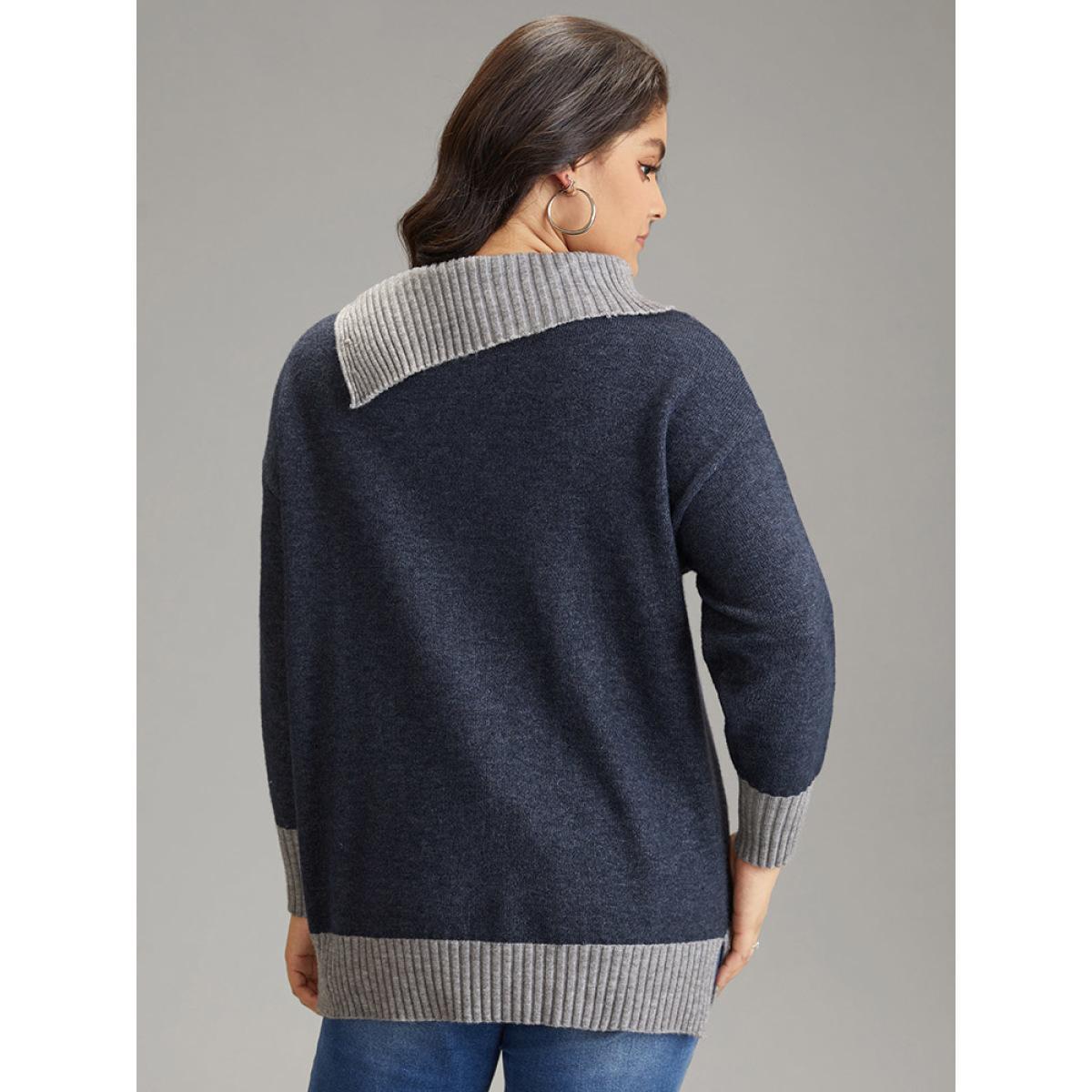 Plus Size Two Tone Button Detail Lapel Collar Pullover Midnight Women Casual Loose Long Sleeve Lapel Collar Dailywear Pullovers BloomChic 12/L Product Image