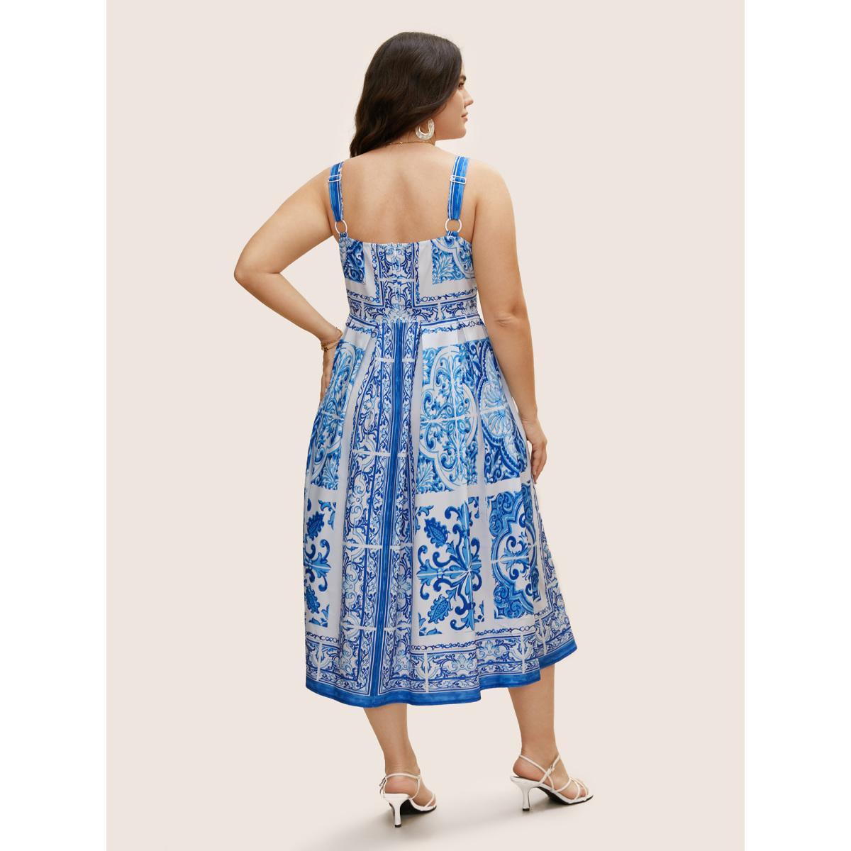 Plus Size Boho Print Square Neck Plicated Detail Midi Dress Mediumblue Women Elegant Pleated Square Neck Sleeveless Curvy BloomChic 22-24/3X Product Image