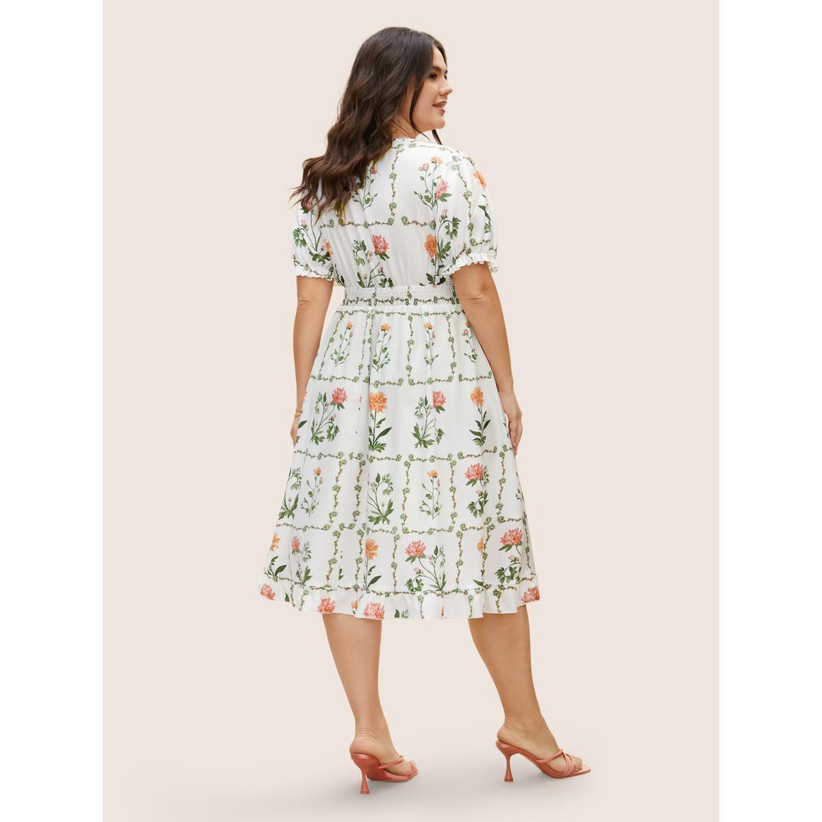 Plus Size Boho Print Tie Knot Shirred Lantern Sleeve Dress Originalwhite Women Elegant Square Neck Short sleeve Curvy BloomChic 26/4X Product Image