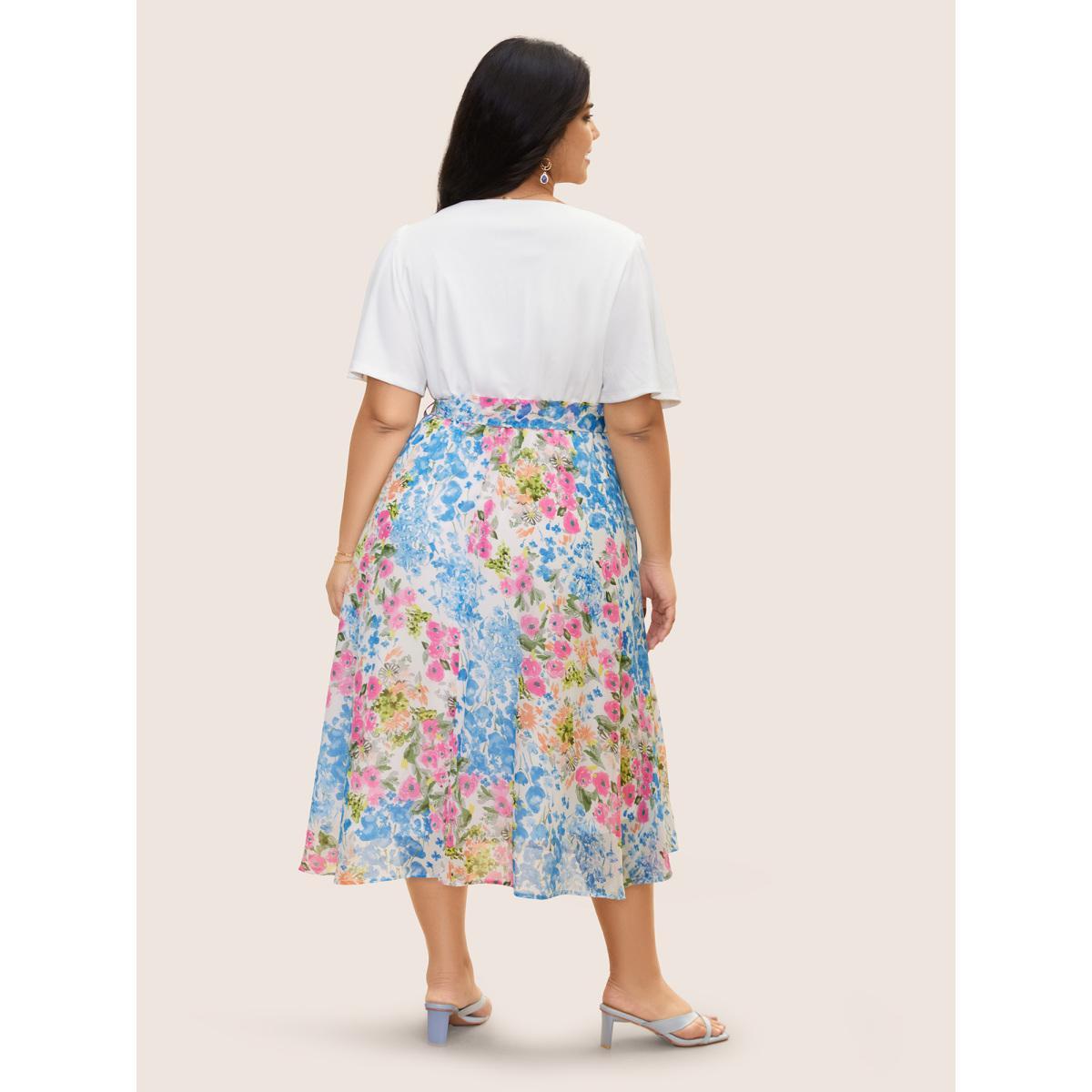 Plus Size Overlap Collar Patchwork Floral Midi Dress Ivory Women Elegant Belted Overlap Collar Short sleeve Curvy BloomChic 22-24/3X Product Image