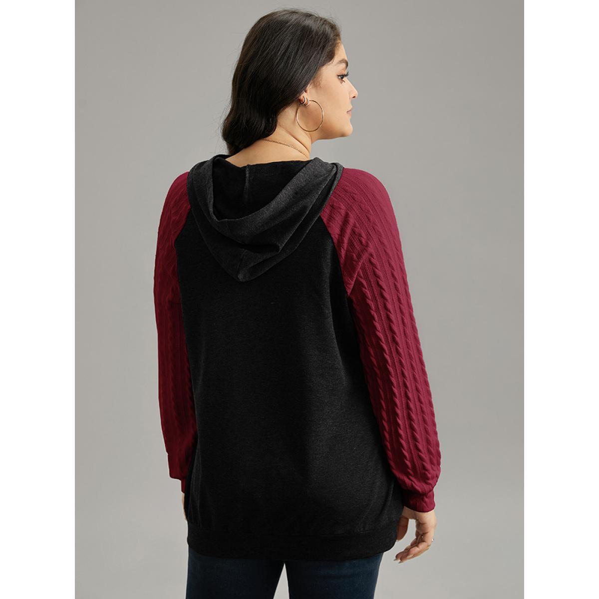 Plus Size Contrast Cable Knit Pocket Hooded Drawstring Sweatshirt Women Black Casual Texture Hooded Everyday Sweatshirts BloomChic 30/6X Product Image