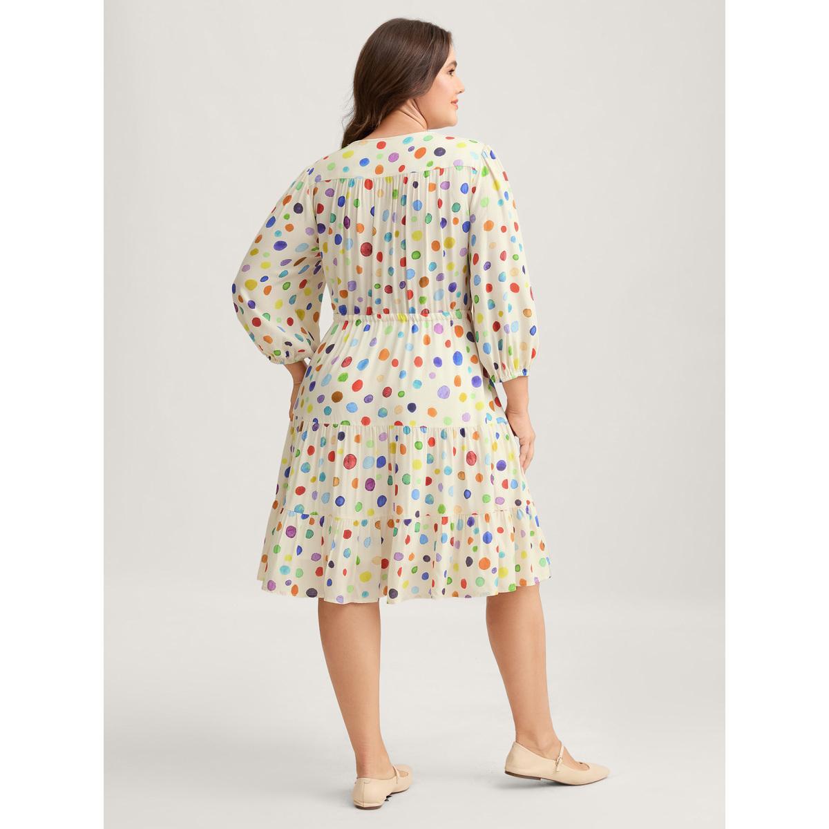 Plus Size Colorful Polka Dots Waist Drawstring Midi Dress Beige Women V-neck Elbow-length sleeve Curvy BloomChic 12/L Product Image