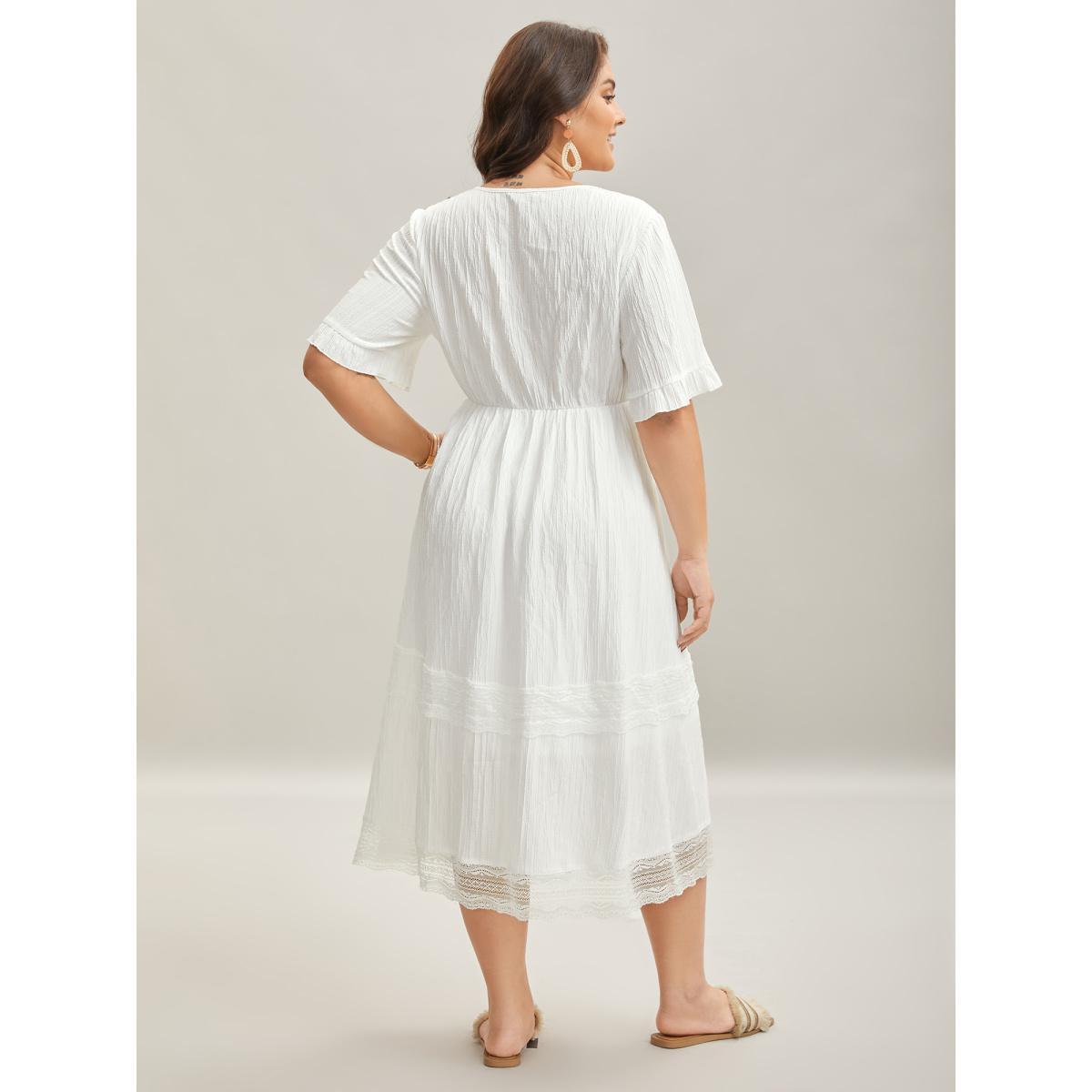 Plus Size Textured Cut-Out Lace Tied Midi Dress Beige Women Woven ribbon&lace trim V-neck Half Sleeve Curvy BloomChic 18-20/2X Product Image