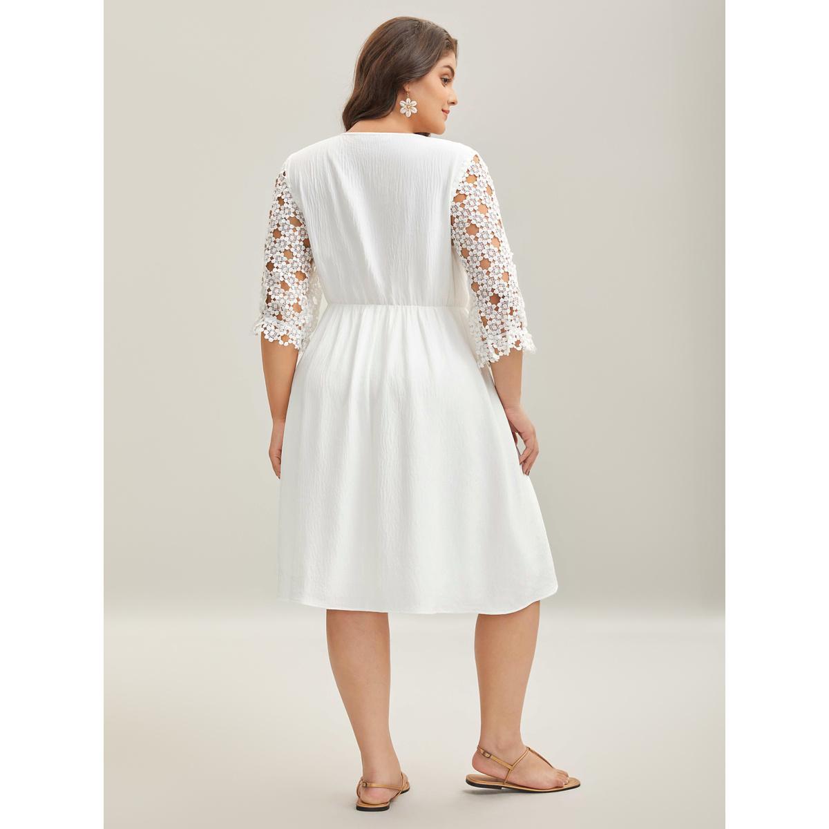 Plus Size Sheer Lace Sleeve Pockets Flowy Midi Dress Ivory Women V-neck Elbow-length sleeve Curvy BloomChic 28/5X Product Image