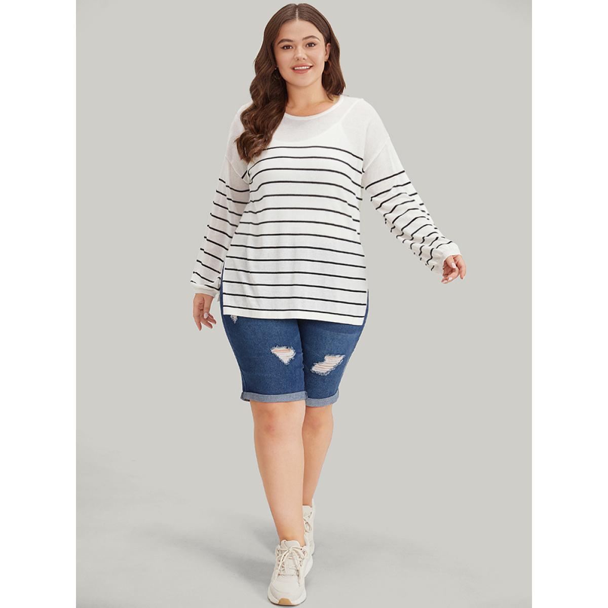 Plus Size Striped Split Side Lightweight Elastic Cuffs Pullover White Women Casual Loose Long Sleeve Round Neck Everyday Pullovers BloomChic 30/6X Product Image