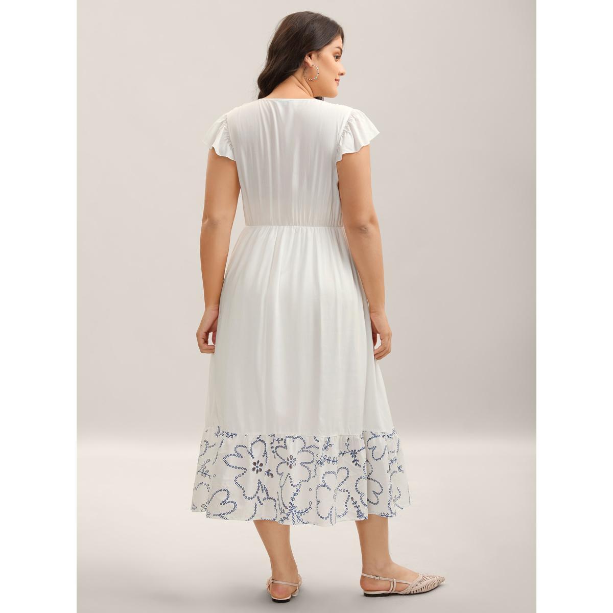 Plus Size Rayon Shirred Color Contrast Floral Midi Dress WhiteSmoke Women V-neck Cap Sleeve Curvy BloomChic 18-20/2X Product Image