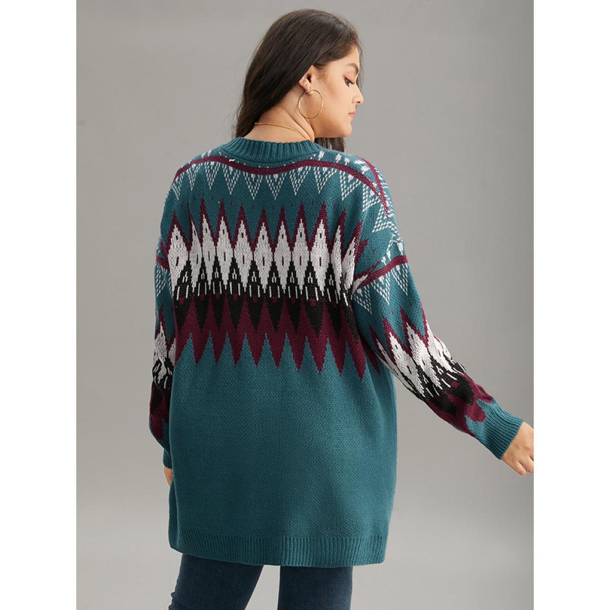 Plus Size Geometric Button Through Pocket Cardigan Aegean Women Casual Loose Long Sleeve Dailywear Cardigans BloomChic 26/4X Product Image