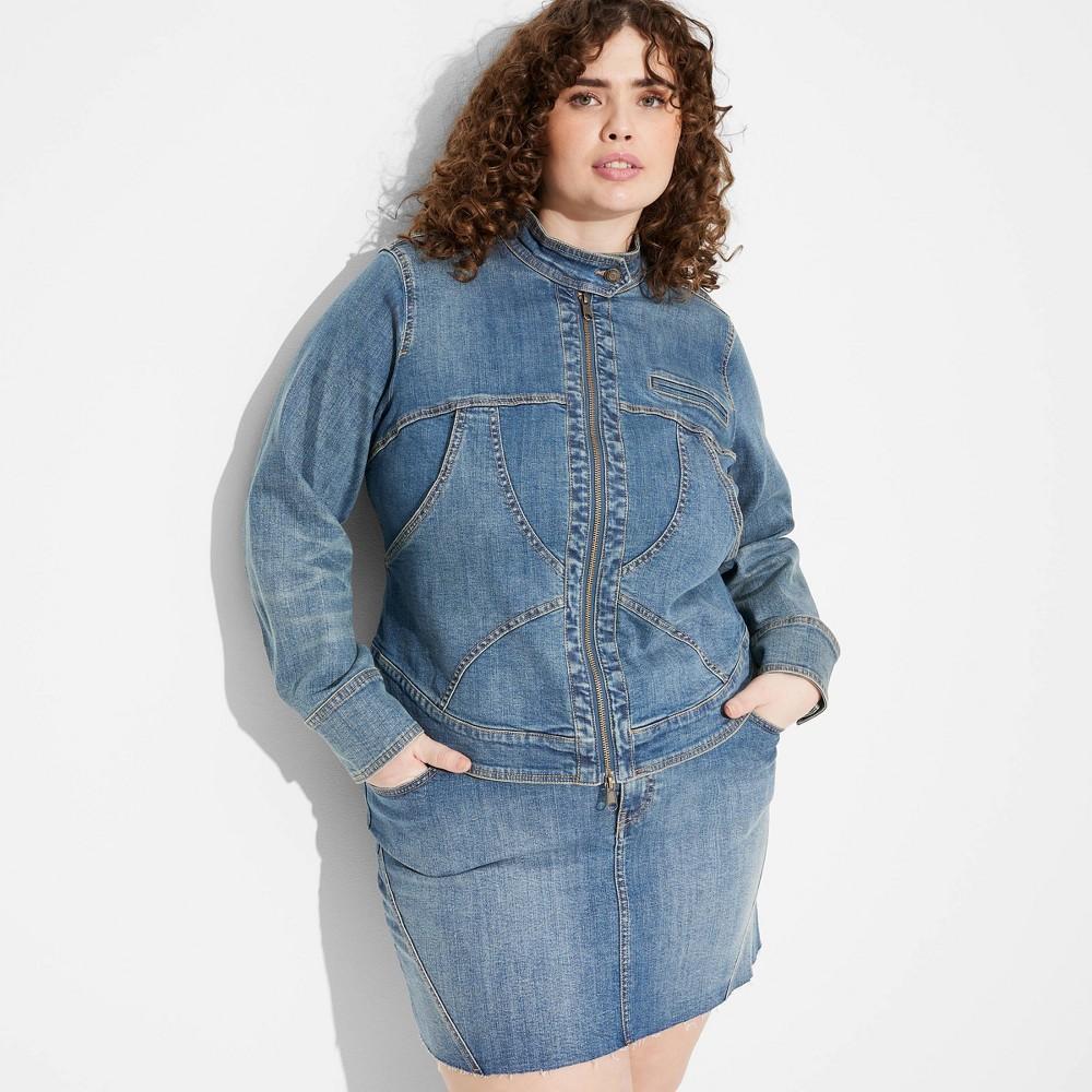 Women's Fitted Moto Jacket - Wild Fable™ Medium Wash 4X: Cotton Blend, Slim Fit, Front Zipper, Patch Pockets Product Image