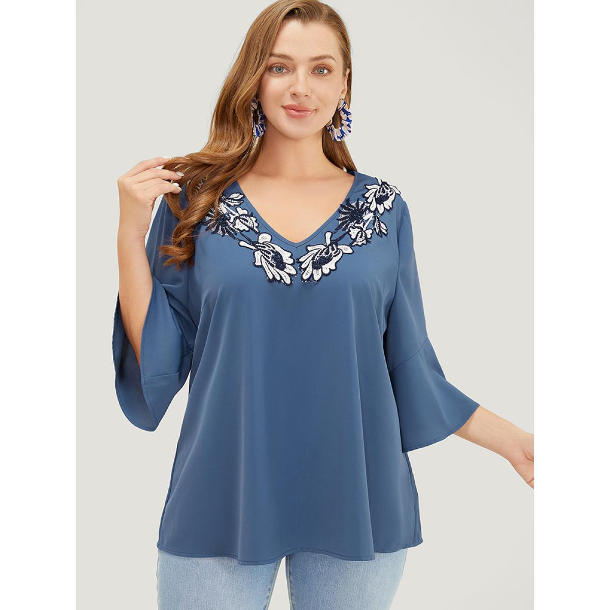 Plus Size Stone Floral Applique Bell Sleeve Blouse Women Elegant Elbow-length sleeve V-neck Dailywear Blouses BloomChic 22-24/3X Product Image