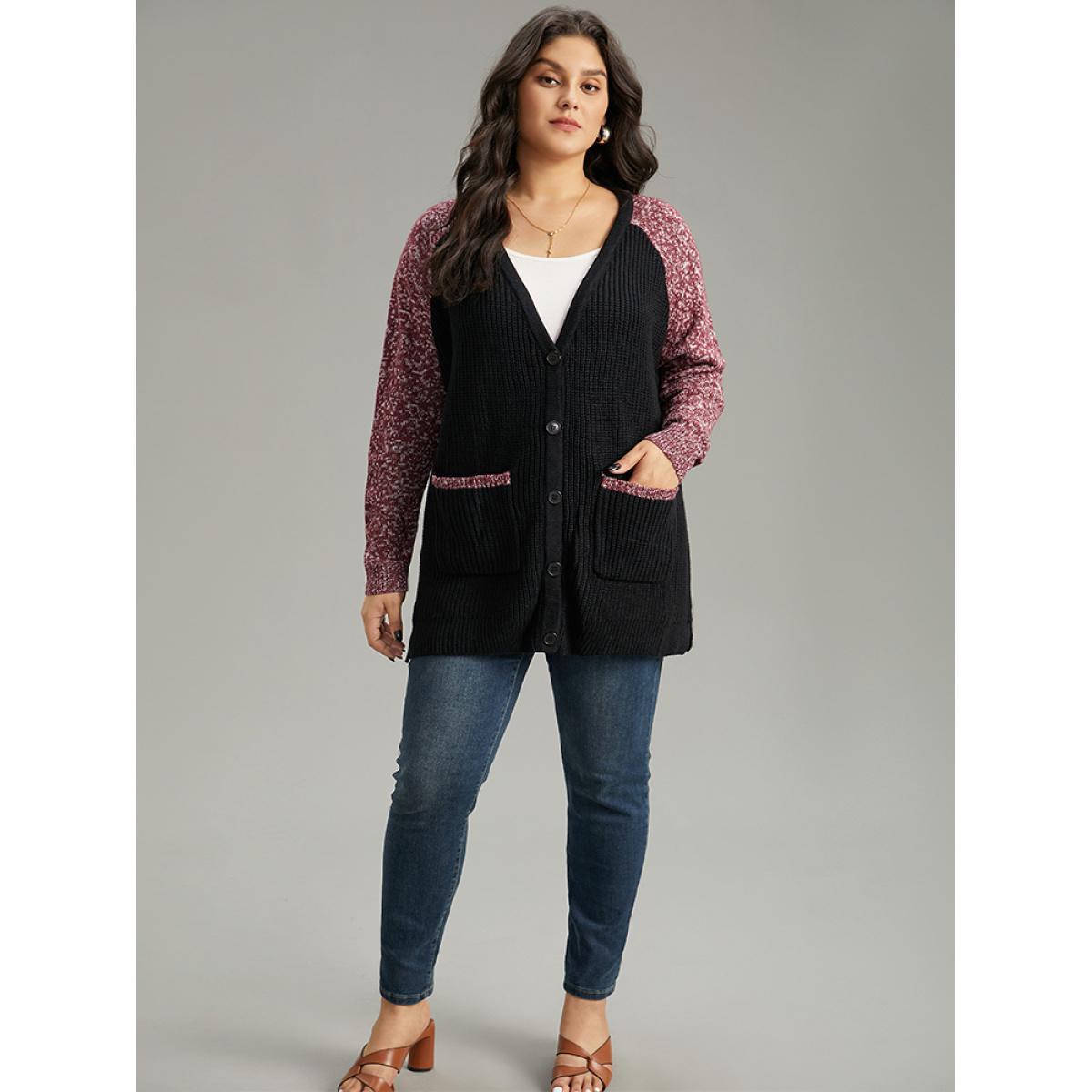 Plus Size Heather Patchwork Raglan Sleeve Pocket Cardigan Black Women Casual Loose Long Sleeve Dailywear Cardigans BloomChic 30/6X Product Image