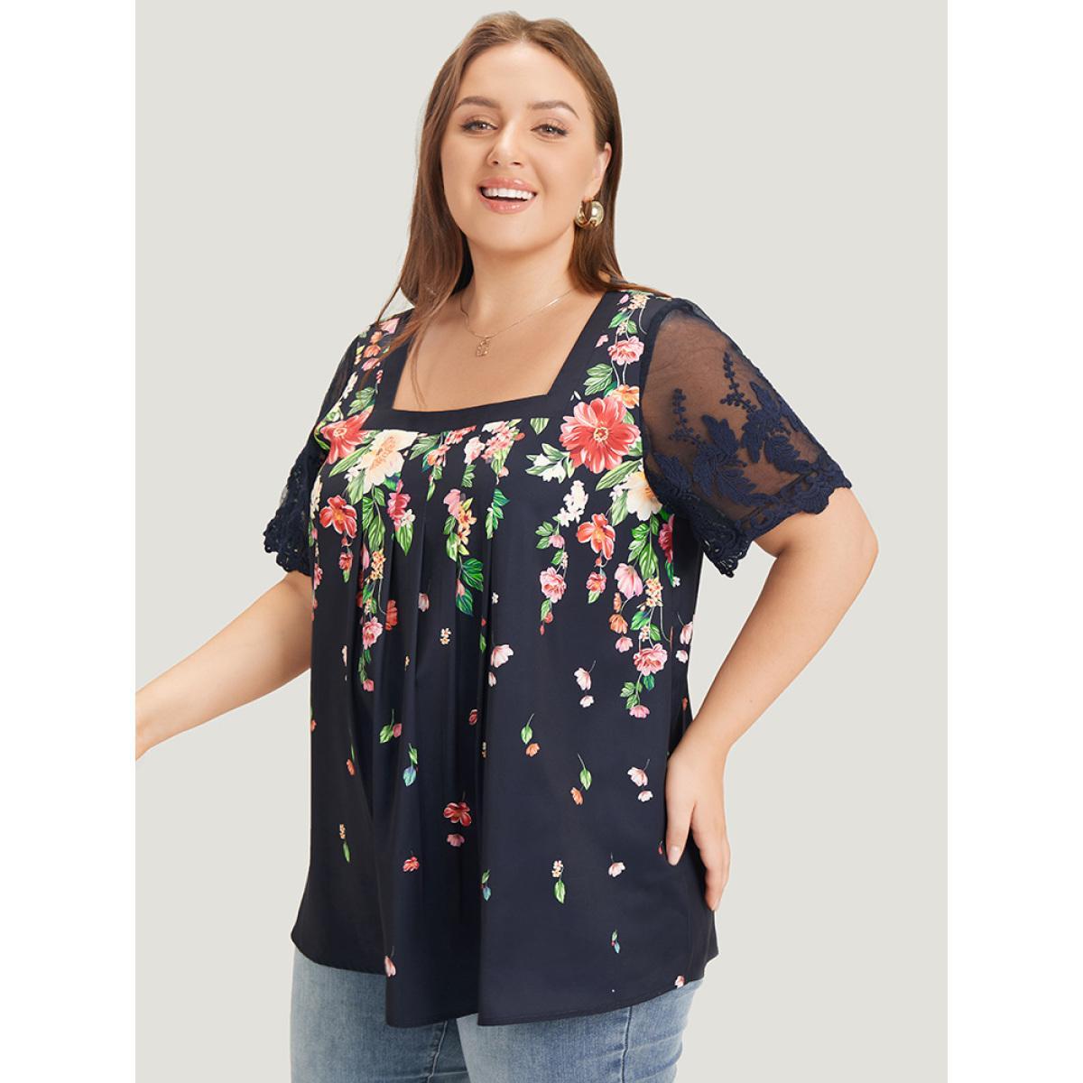 Plus Size Indigo Floral Pleated Mesh Lace Sleeve Square Neck Blouse Women Vacation Short sleeve Square Neck Dailywear Blouses BloomChic 10/M Product Image