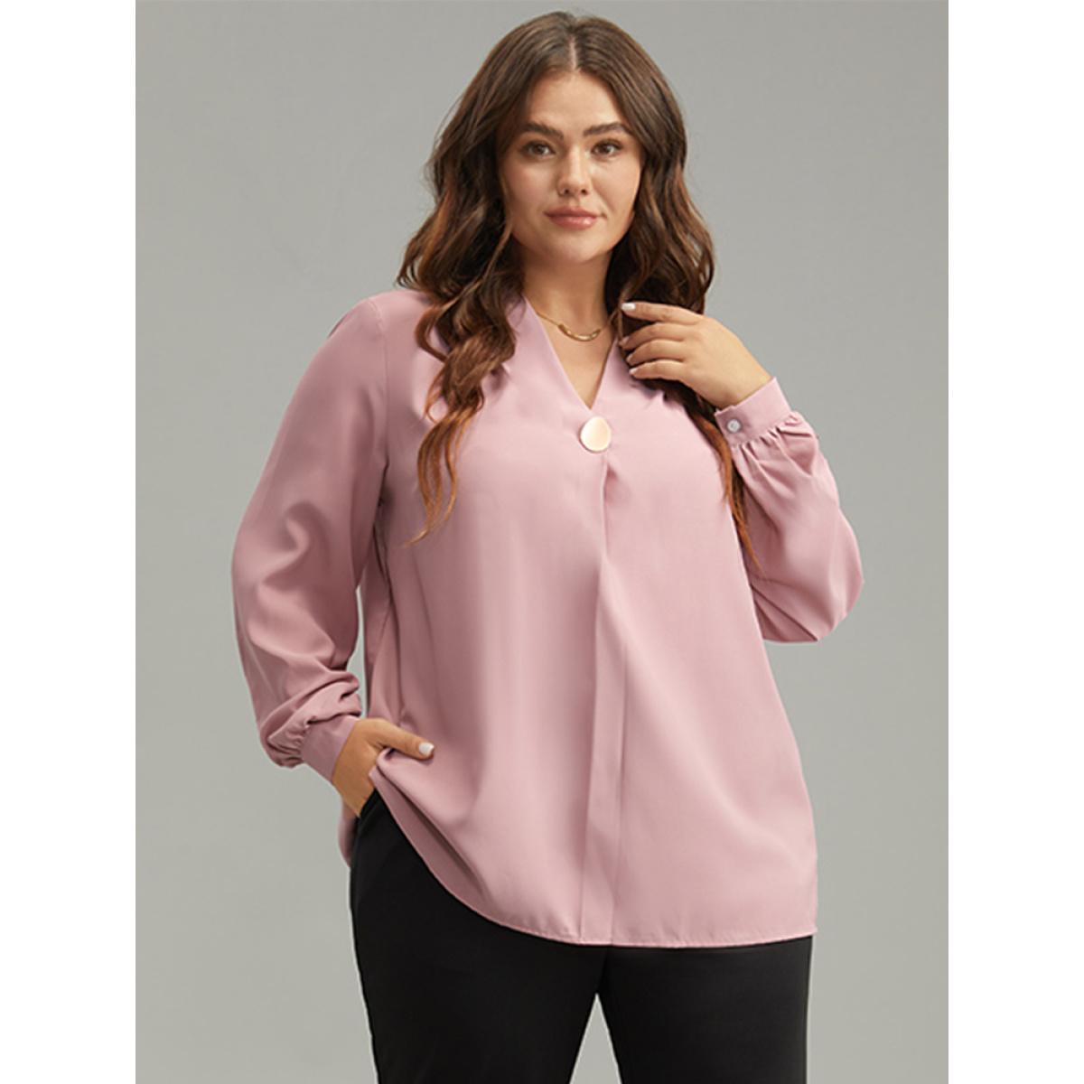 Plus Size DustyPink Plain Buckle Detail Pleated Blouse Women Office Long Sleeve V-neck Work Blouses BloomChic 18-20/2X Product Image
