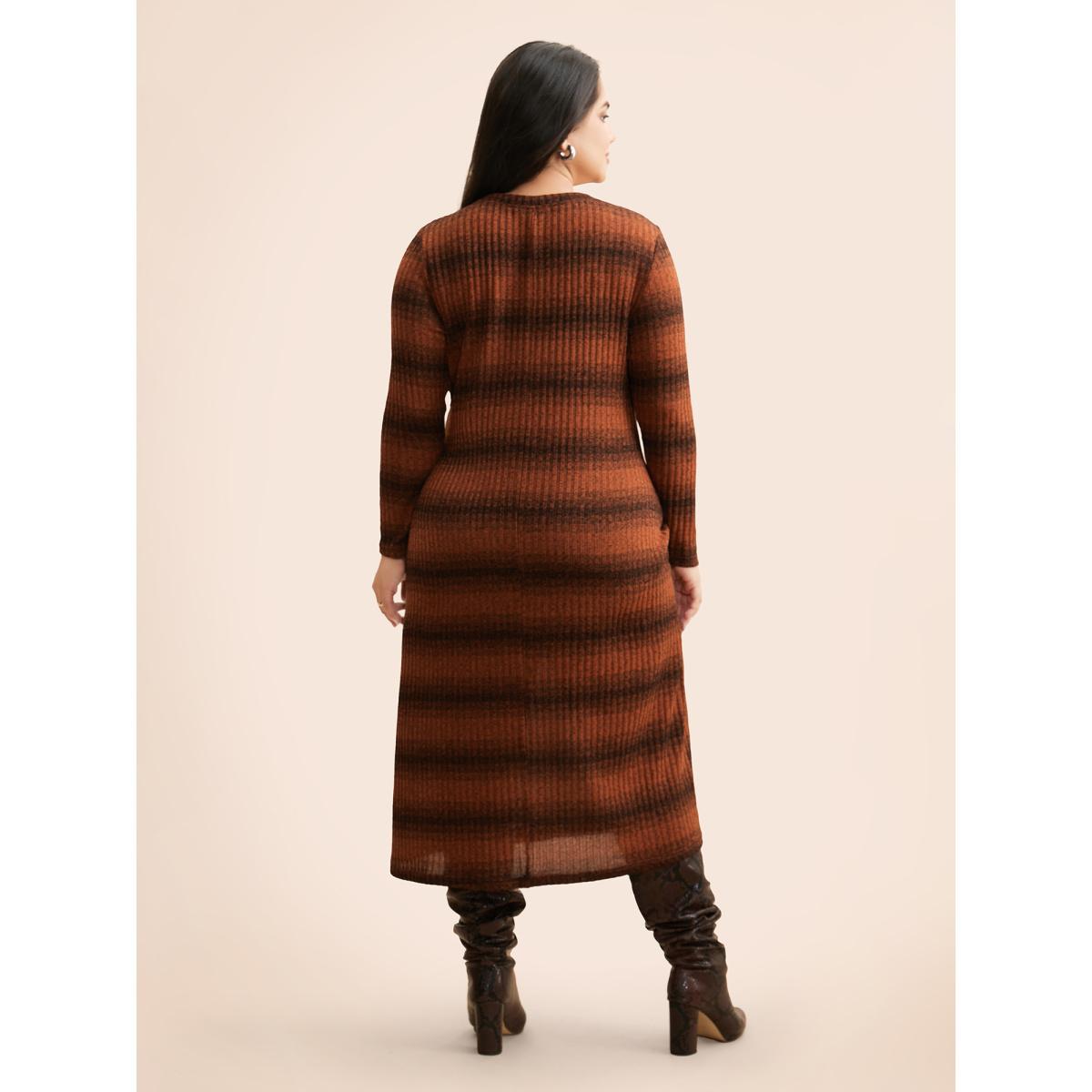 Plus Size Ombre Striped Rib Knit Slim Fit Dress OrangeRed Women Casual Texture Round Neck Long Sleeve Curvy BloomChic 10/M Product Image