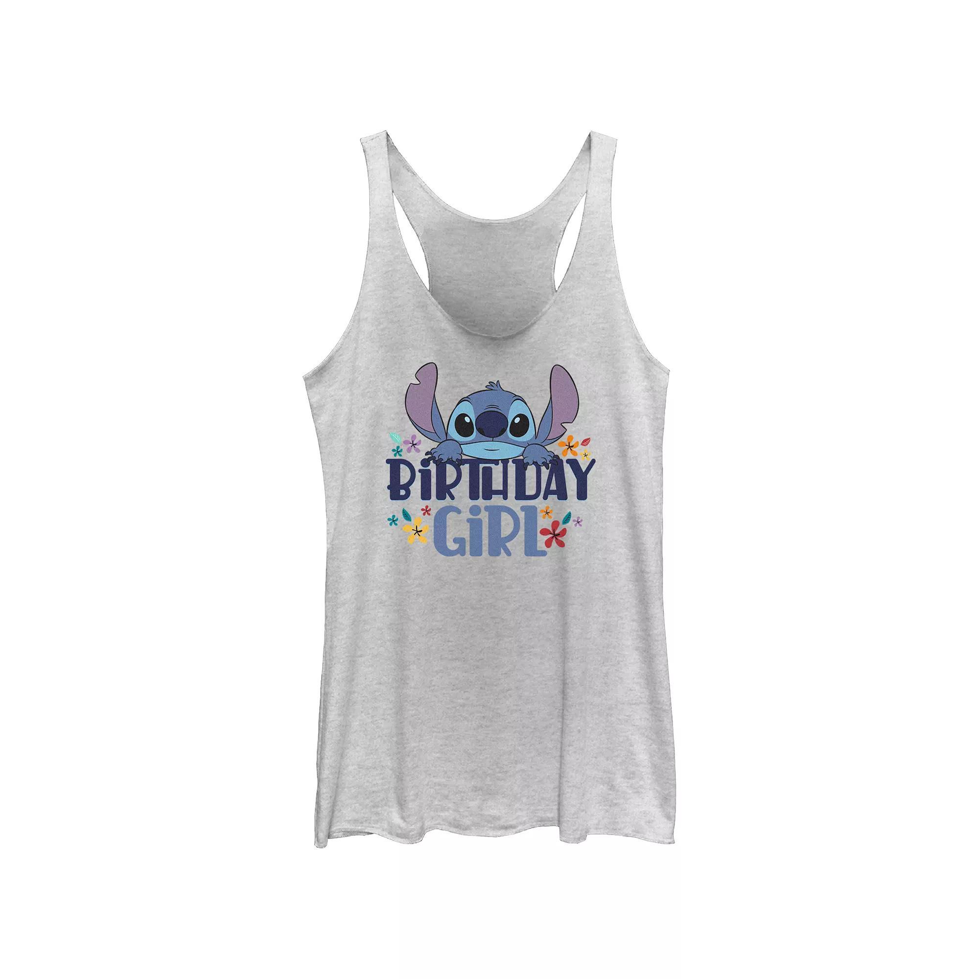Disney's Lilo & Stitch Birthday Girl Floral Juniors' Tri-Blend Racerback Tank Top, Girl's, Size: XL, White Grey Product Image