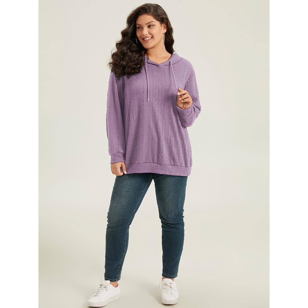 Plus Size Plain Textured Hooded Drawstring Sweatshirt Women Purple Casual Elastic cuffs Hooded Everyday Sweatshirts BloomChic 14-16/1X Product Image