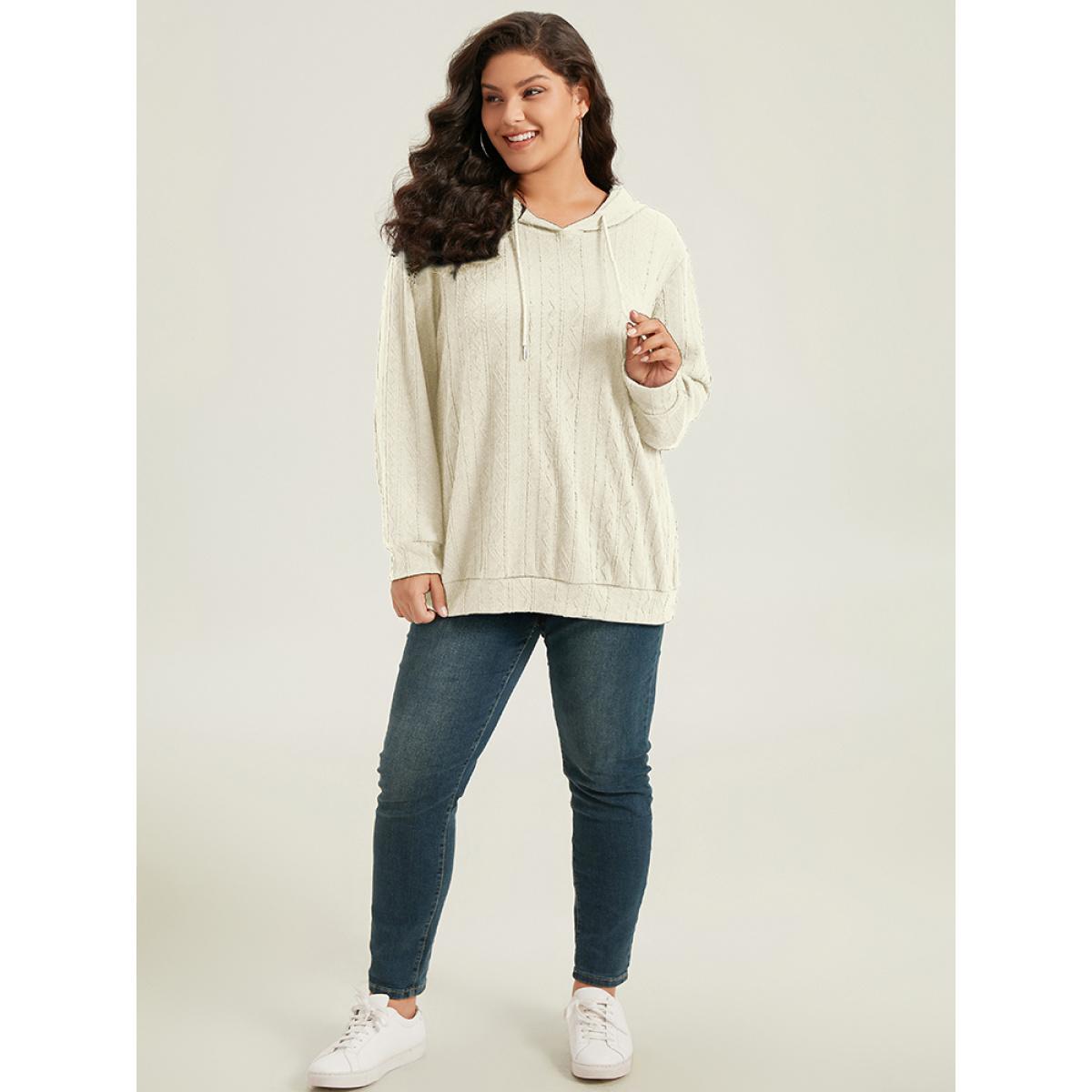 Plus Size Plain Textured Hooded Drawstring Sweatshirt Women White Casual Elastic cuffs Hooded Everyday Sweatshirts BloomChic 14-16/1X Product Image