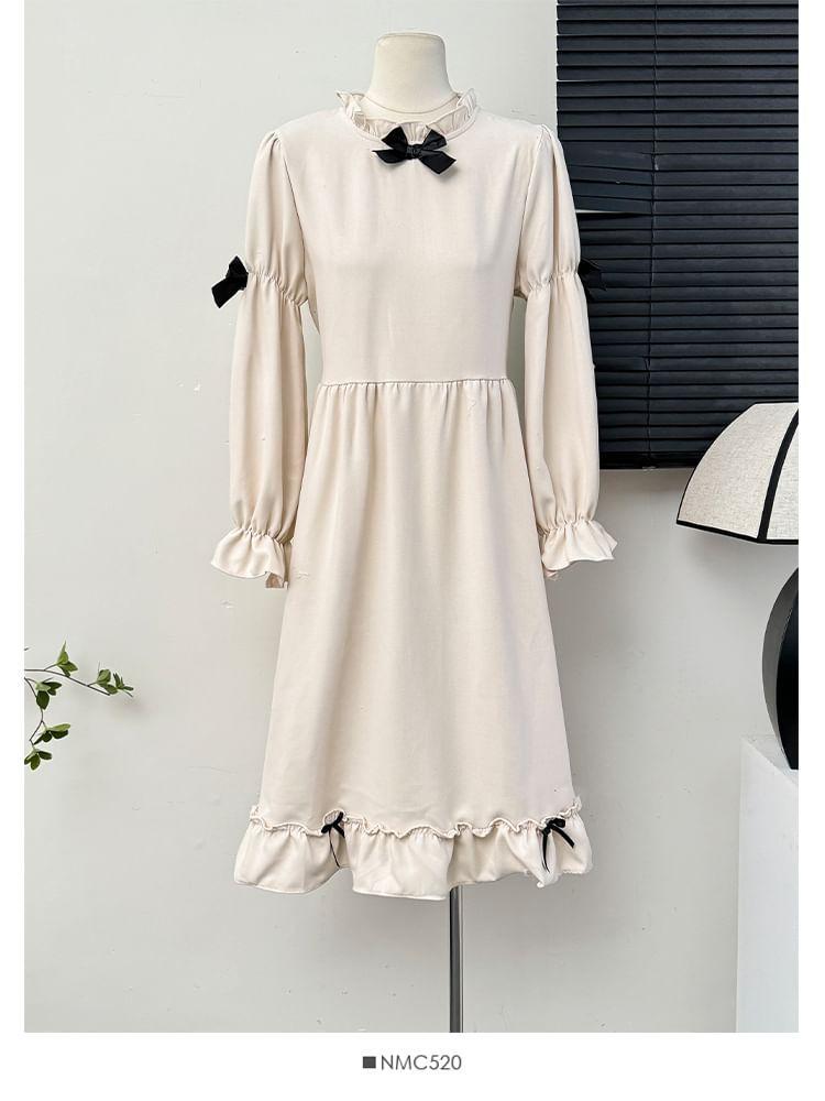 Set: Bow-Accent Long-Sleeve Midi Dress + Ruffled Tank Dress Product Image