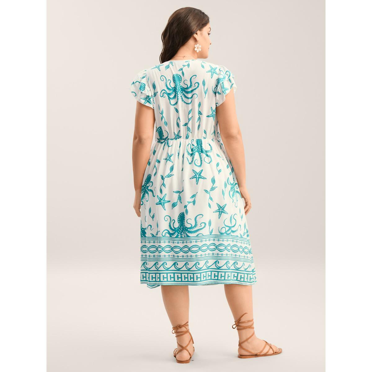 Plus Size Geometric Print V Neck Midi Dress Teal Women V-neck Cap Sleeve Curvy BloomChic 18-20/2X Product Image