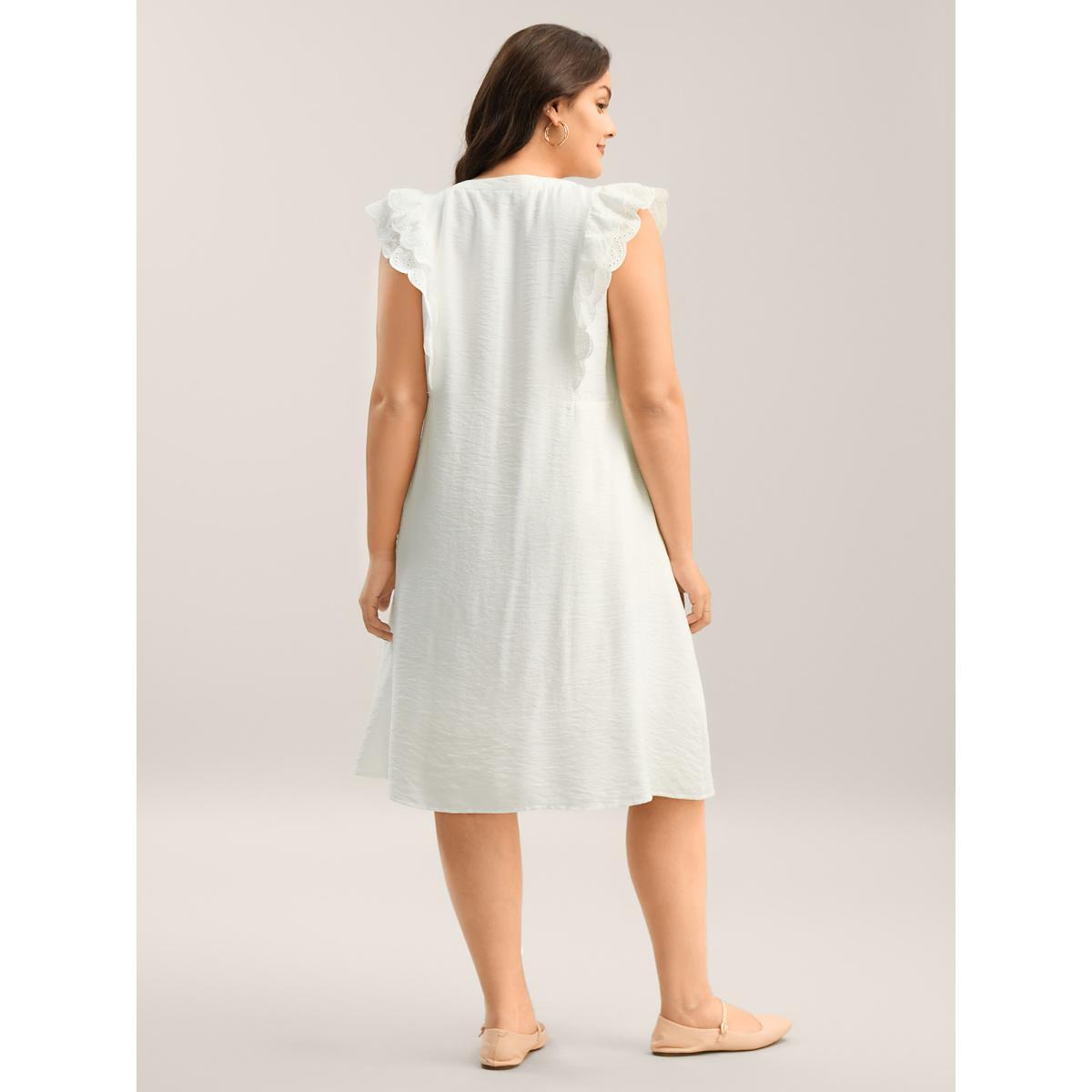 Plus Size Lace Trim Pleated Button Shirt Dress Originalwhite Women Flat collar with V-notch Cap Sleeve Curvy BloomChic 14-16/1X Product Image