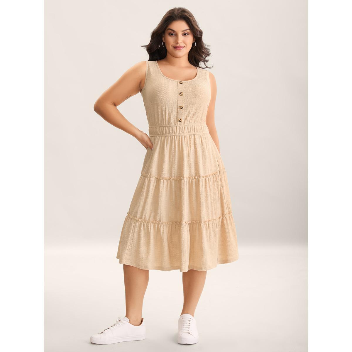 Plus Size Textured Stretchy Waist Button Midi Dress Wheat Women Non Sleeveless Curvy BloomChic 22-24/3X Product Image