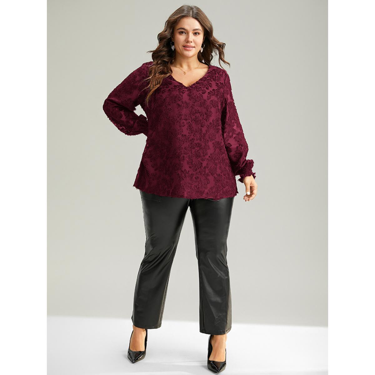 Plus Size Scarlet Plain Appliques Mesh V Neck Shirred Blouse Women Glamour Long Sleeve V-neck Festival-Christmas Blouses BloomChic 28/5X Product Image
