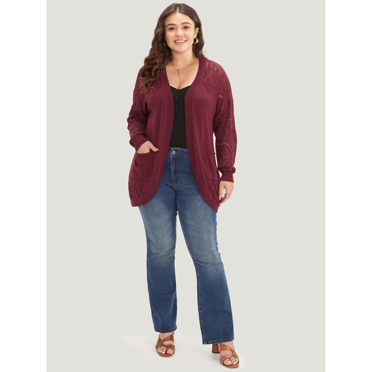Plus Size Plain Patched Pocket Curved Hem Cardigan Burgundy Women Casual Long Sleeve Dailywear Cardigans BloomChic 22-24/3X Product Image