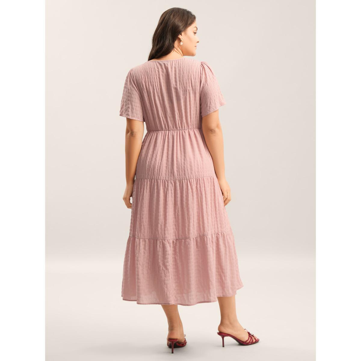 Plus Size Textured A-Line Split Neck Tiered Midi Dress Dirtypink Women Flat collar with V-notch Cap Sleeve Curvy BloomChic 22-24/3X Product Image