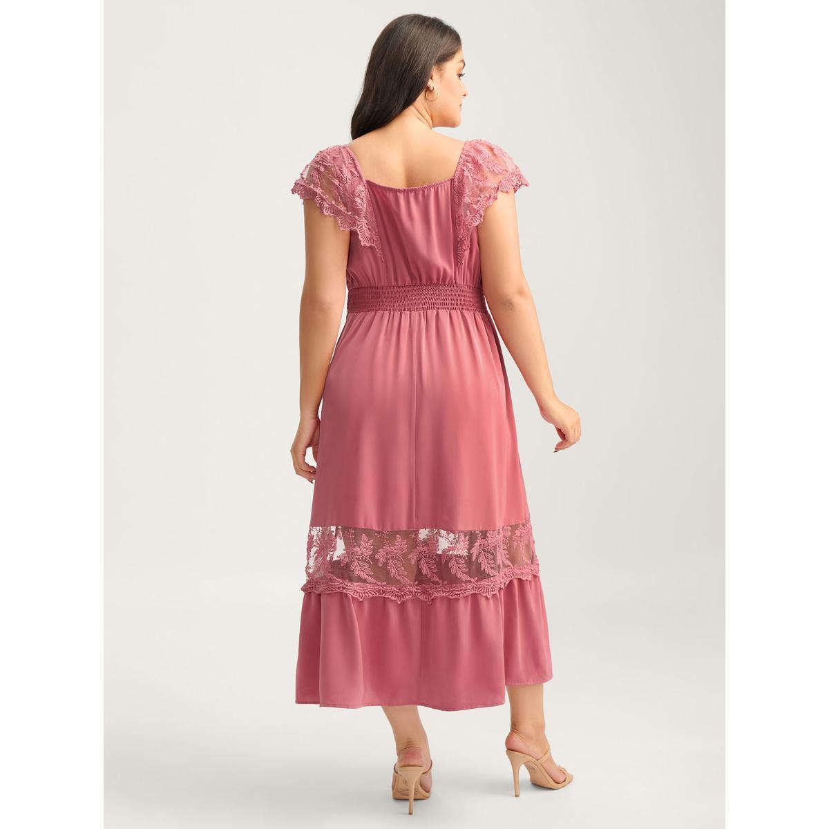 Plus Size Lace Trim Shirred Waist Midi Dress Beanpastepowder Women Square Neck Sleeveless Curvy BloomChic 12/L Product Image