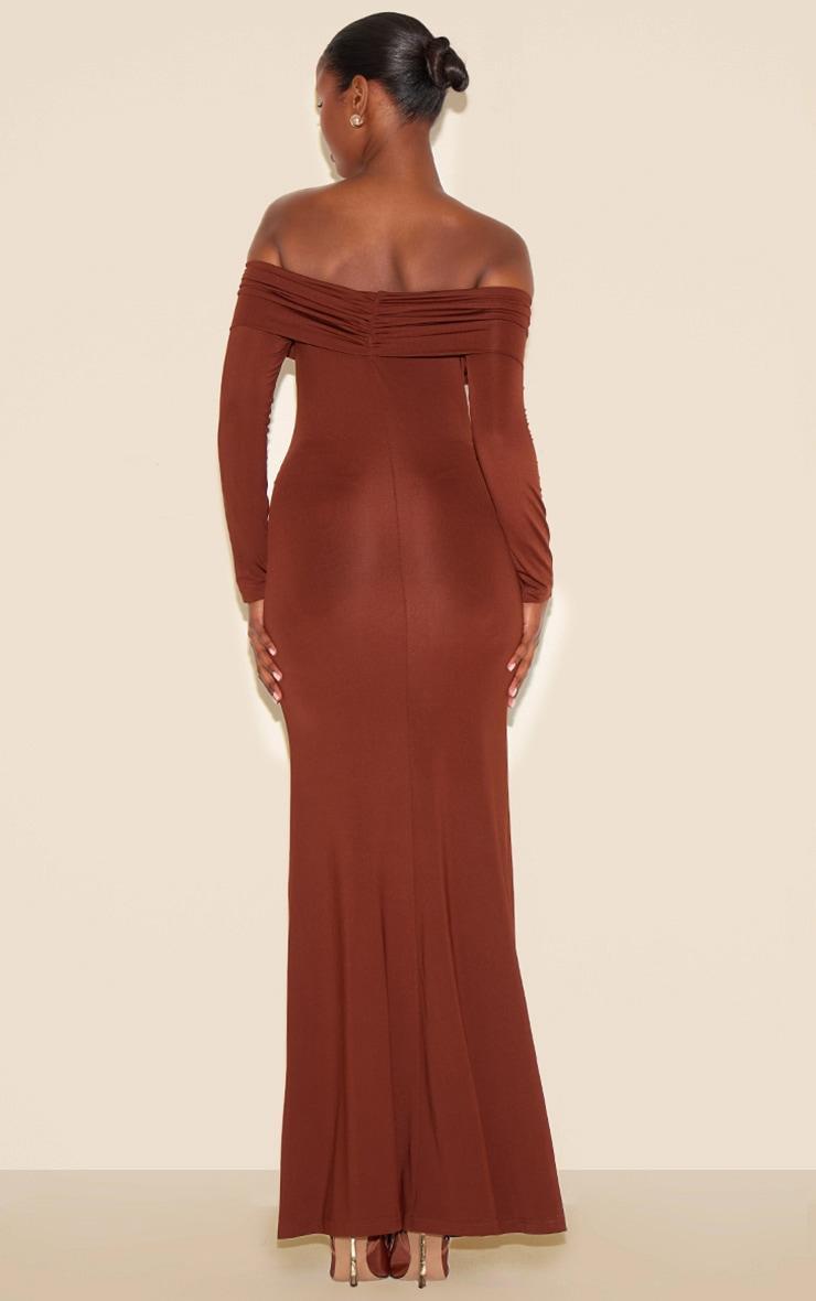  Chocolate Bardot Long Sleeve Trim Drape Detail Maxi Dress Product Image