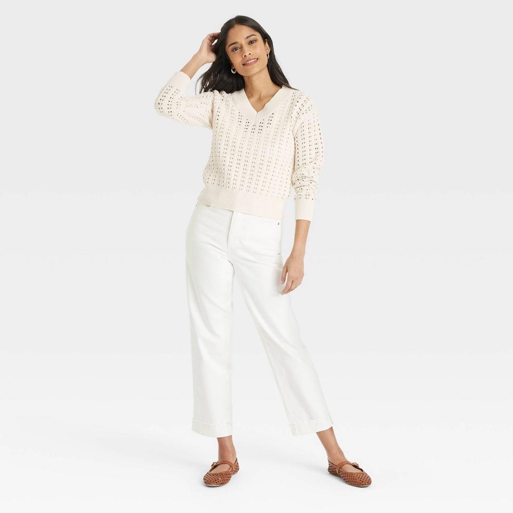 Womens Openwork V-Neck Pullover Sweater - Universal Thread Cream XS Product Image