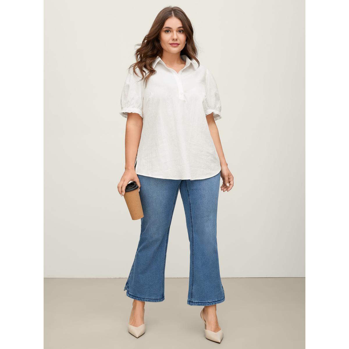 Plus Size Originalwhite Pure Cotton Ruffled Puffy Sleeve Blouse Women Short sleeve Shirt collar Work Blouses BloomChic 12/L Product Image