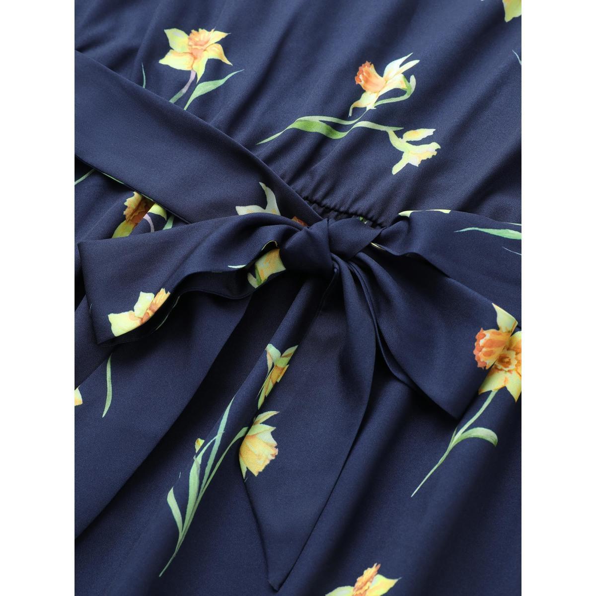 Plus Size Floral Print Belted Gathered Bell Sleeve Dress DarkBlue Women Elegant Non Round Neck Elbow-length sleeve Curvy Midi Dress BloomChic 10/M Product Image