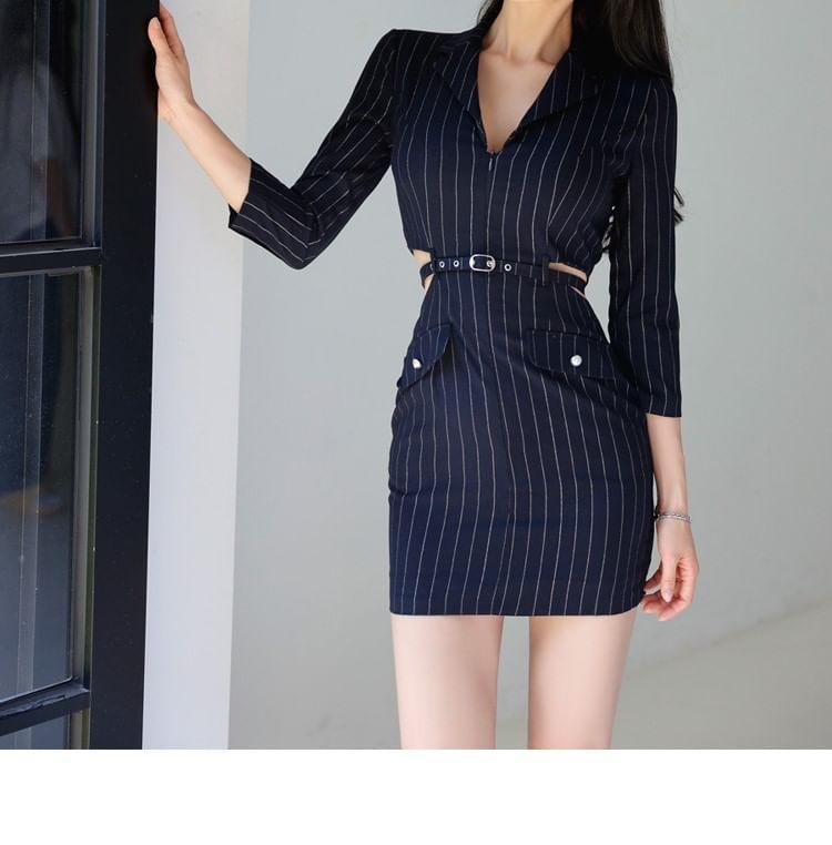 3/4-Sleeve V-Neck Striped Cutout Mini Sheath Dress Product Image
