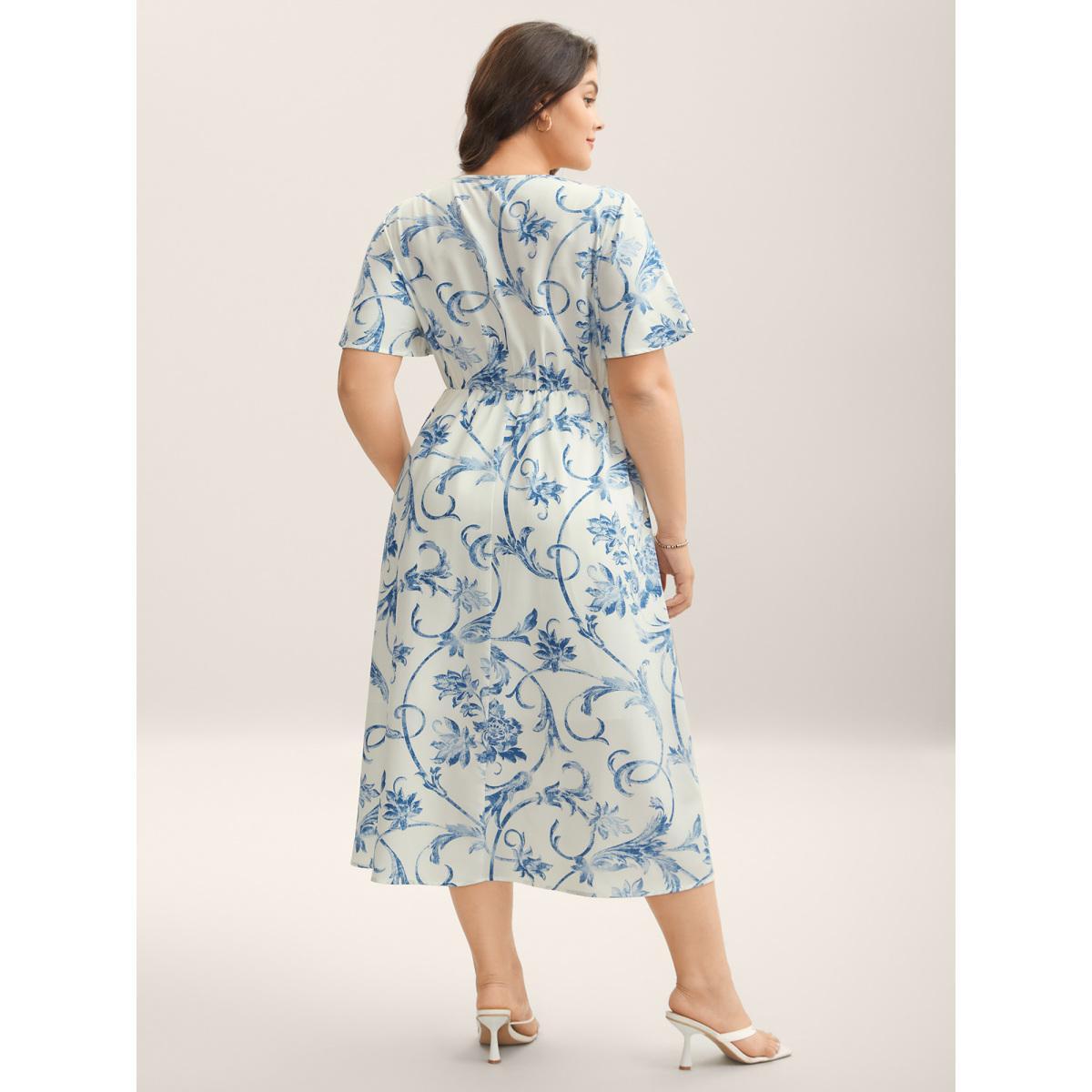 Plus Size Artistic Floral Pattern Surplice Neck Midi Dress Stone Women Overlap Collar Short sleeve Curvy BloomChic 18-20/2X Product Image