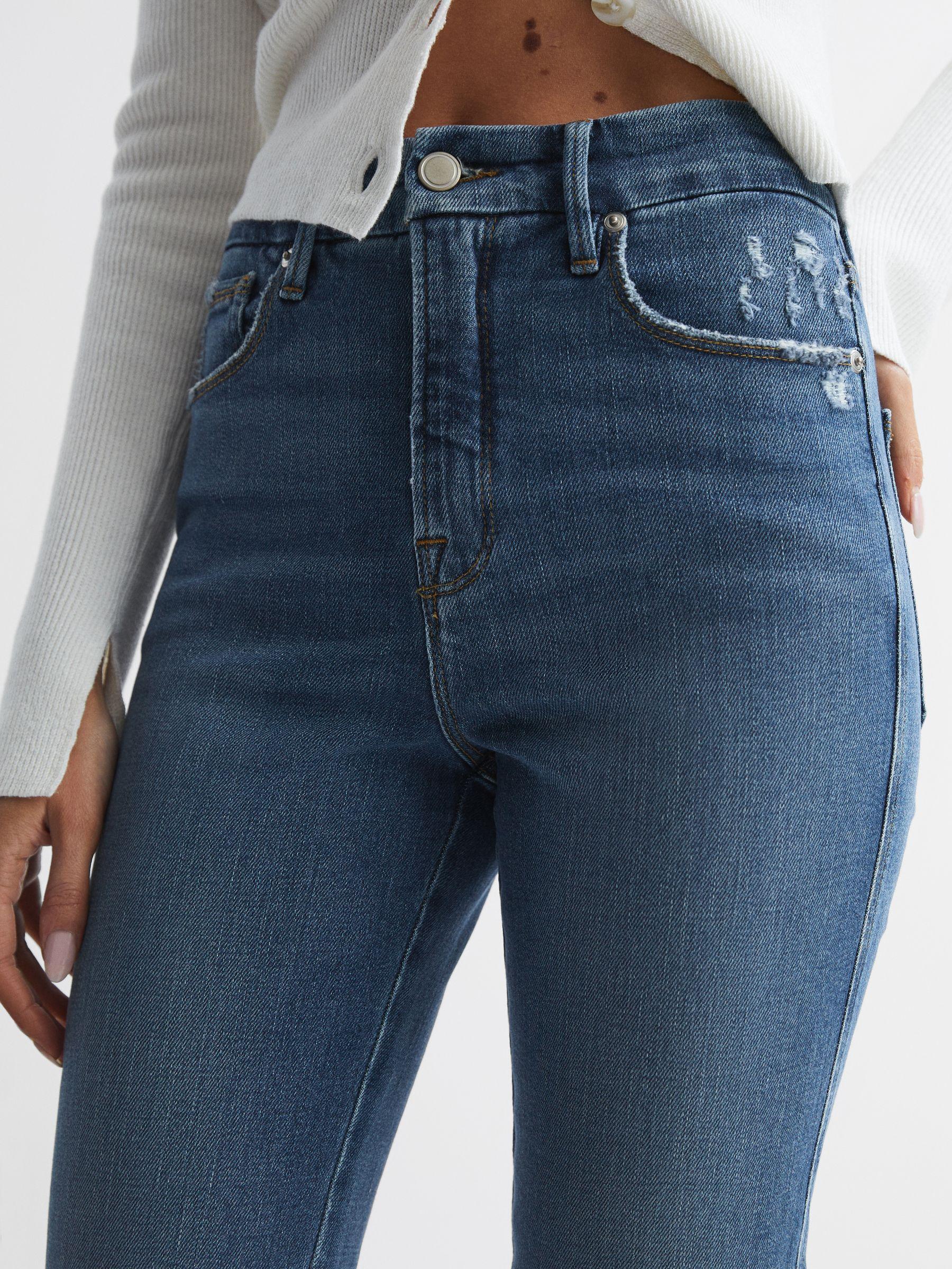 Good American Distressed Straight Leg Jeans in Mid Blue Product Image