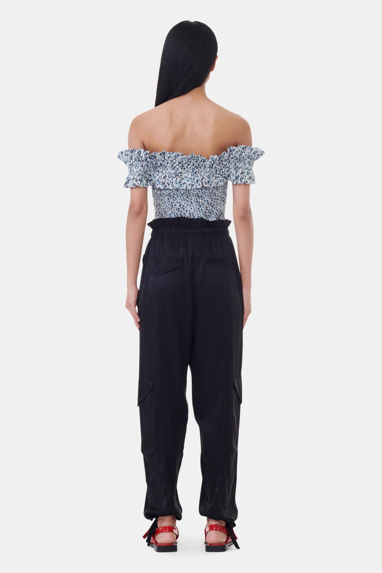Blue Floral Printed Cotton Off-shoulder Smock Top Product Image