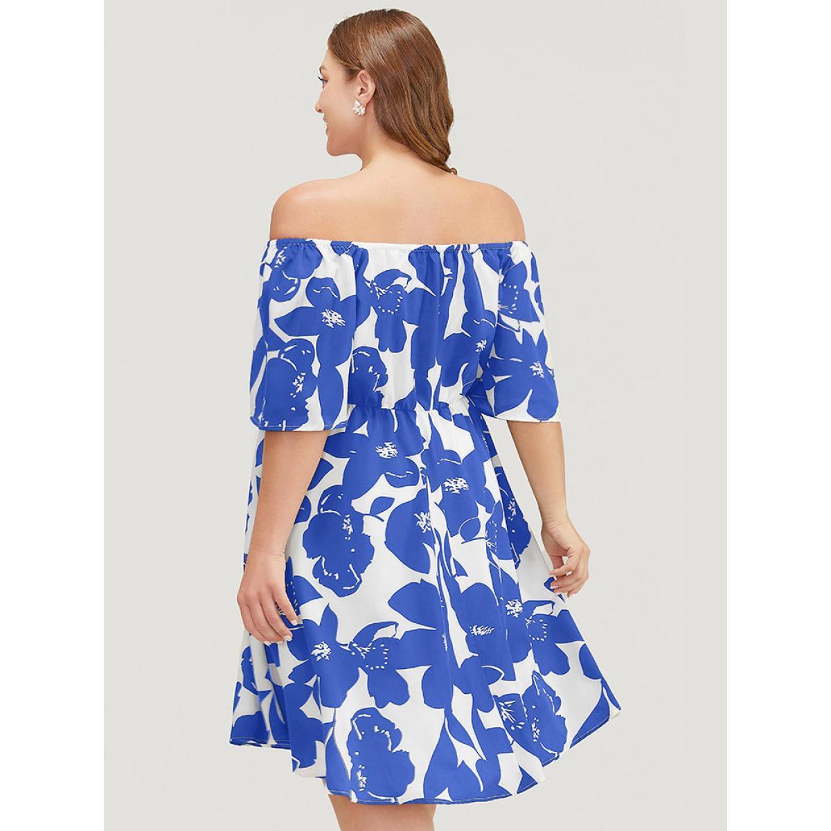 Plus Size Floral Ruffle Sleeve Pocket Off Shoulder Dress Blue Women Elegant Pocket One-shoulder neck Short sleeve Curvy Knee Dress BloomChic 26/4X Product Image