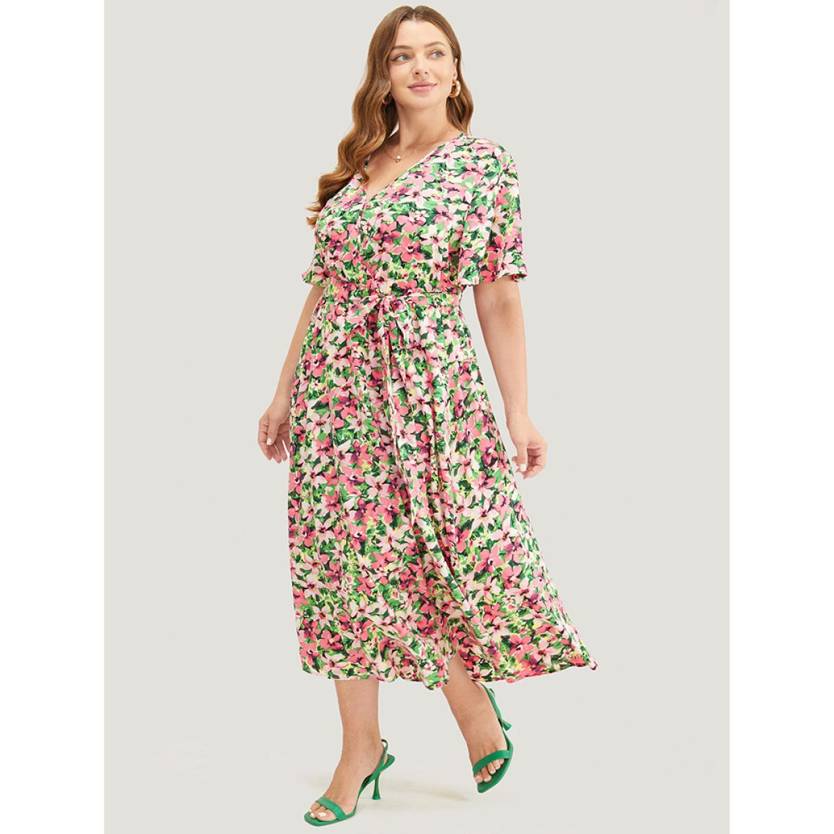 Plus Size Floral Printed Ruffle Sleeve Pocket Surplice Neck Flutter Dress Pink Women Elegant Cross straps V-neck Short sleeve Curvy Midi Dress BloomChic 26/4X Product Image