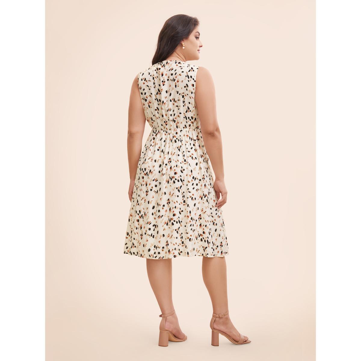 Plus Size Allover Print Pocket Flutter Crossover Ruched Tank Dress Apricot Women Elegant Twist Round Neck Sleeveless Curvy Midi Dress BloomChic 14-16/1X Product Image