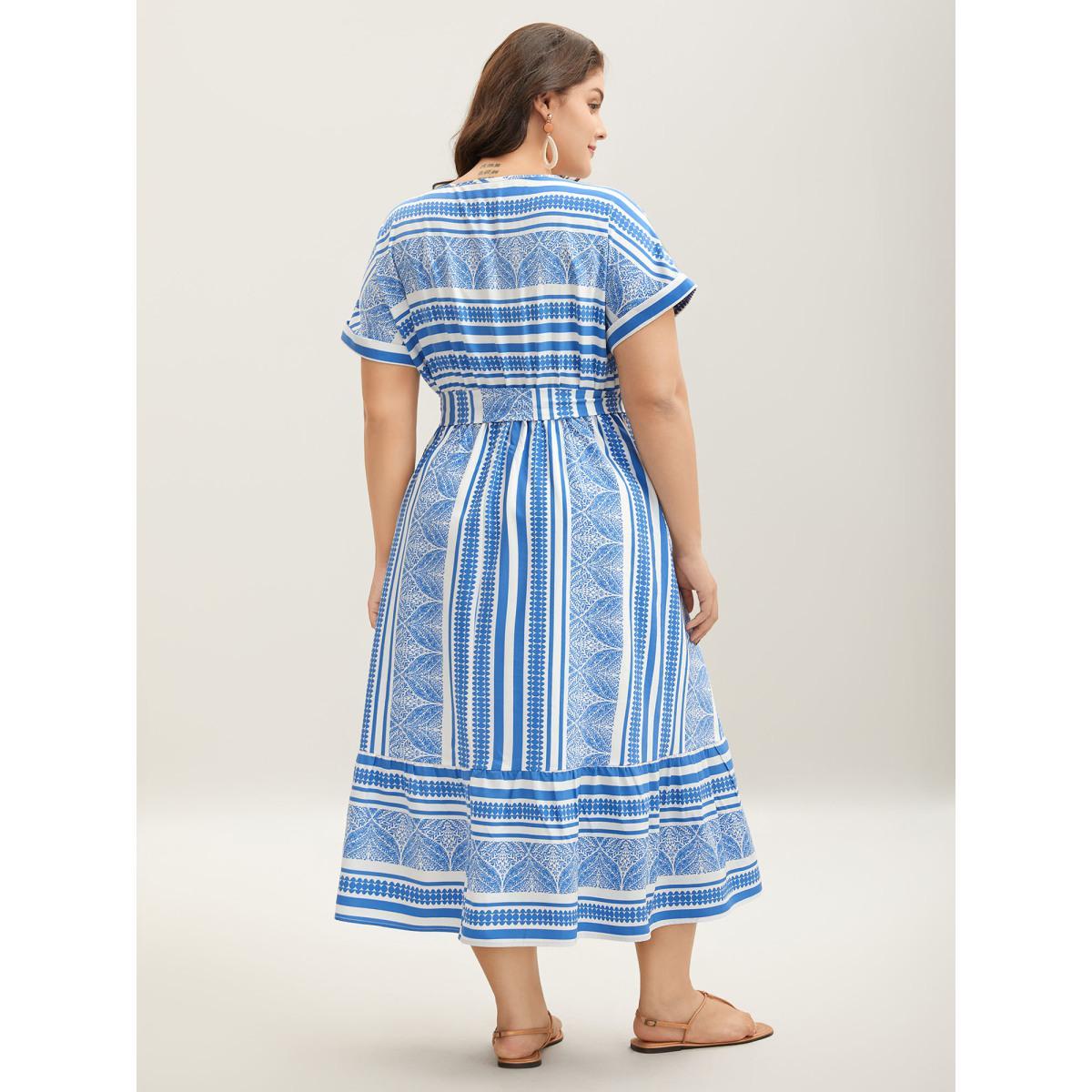 Plus Size Nautical Stripes Belted Pockets Maxi Dress Skyblue Women Round Neck Cap Sleeve Curvy BloomChic 18-20/2X Product Image