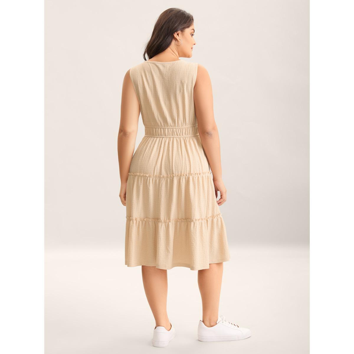 Plus Size Textured Stretchy Waist Button Midi Dress Wheat Women Non Sleeveless Curvy BloomChic 30/6X Product Image