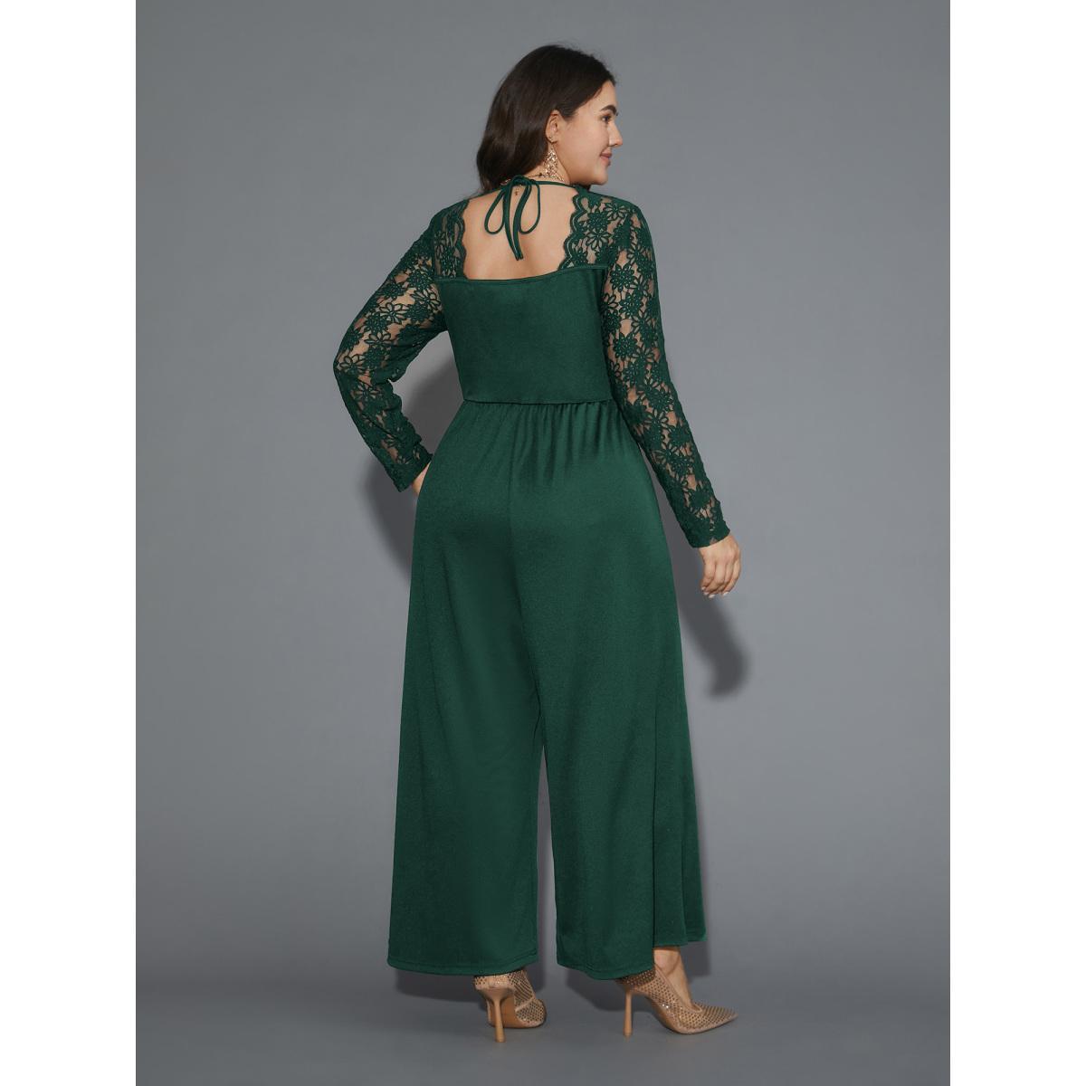 Plus Size Truegreen Lace Mesh Sleeves Square Neck Jumpsuit Women Cocktail Long Sleeve Square Neck Party Loose Jumpsuits BloomChic 10/M Product Image