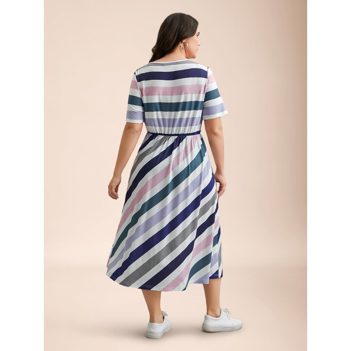 Plus Size Striped Waist-Tie Half Sleeve Midi Dress Multicolor Women Casual Tie knot Knit Dresses Bloomchic 18-20/2X Product Image