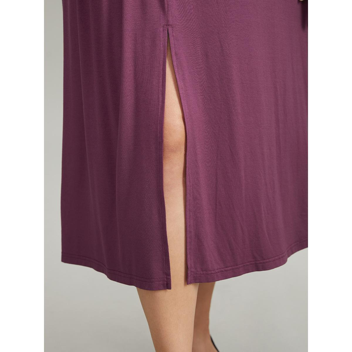 Plus Size Solid Twist Front Gathered Split Hem Dress Mauve Women Office Plain Asymmetrical Neck Long Sleeve Curvy Midi Dress BloomChic 18-20/2X Product Image